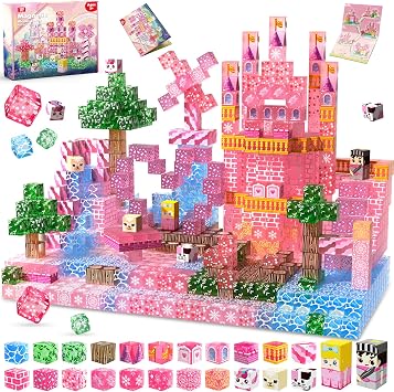 Magnetic Blocks - 100 PCS Transparent Magnetic Building Block for Kids, Pink Princess Castle Magnet Cubes Sets, Princess Toys for Girls Ages 3 4 5 6 7 8-12 Birthday Gifts