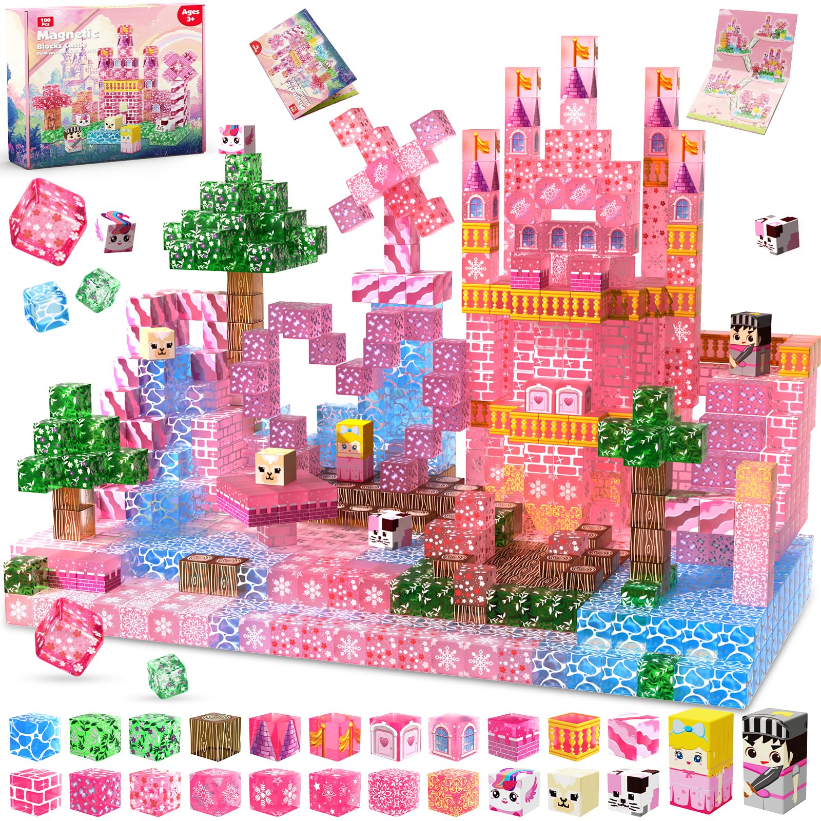 Magnetic Blocks - 100PCS Magnetic Building Block for Kids 4-8, Pink Princess Castle Magnet Cubes Sets, Pink Princess Toys for Girls Ages 3 4 5 6 7 8-12 Holiday Birthday Gifts