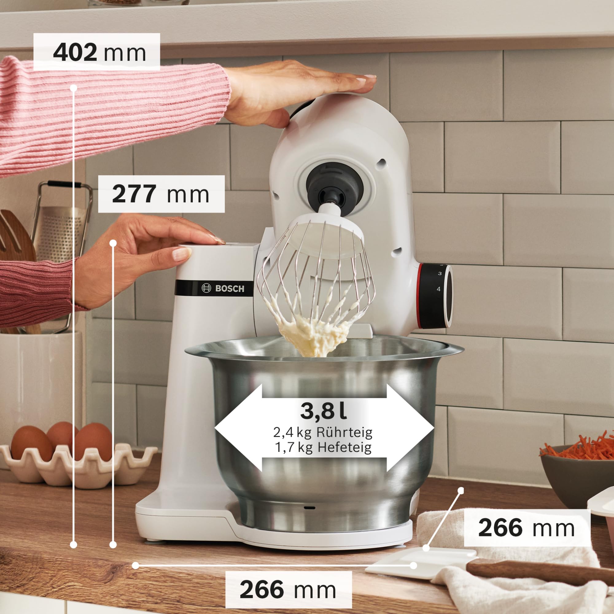 Bosch Küchenmaschine Serie 2, kleine Küchenmaschine, Edelstahl-Schüssel 3,8 L, Knethaken, Schlag-, Rührbesen spülmaschinenfest, 4 Arbeitsstufen, 700W, weiß, MUMS2EW00