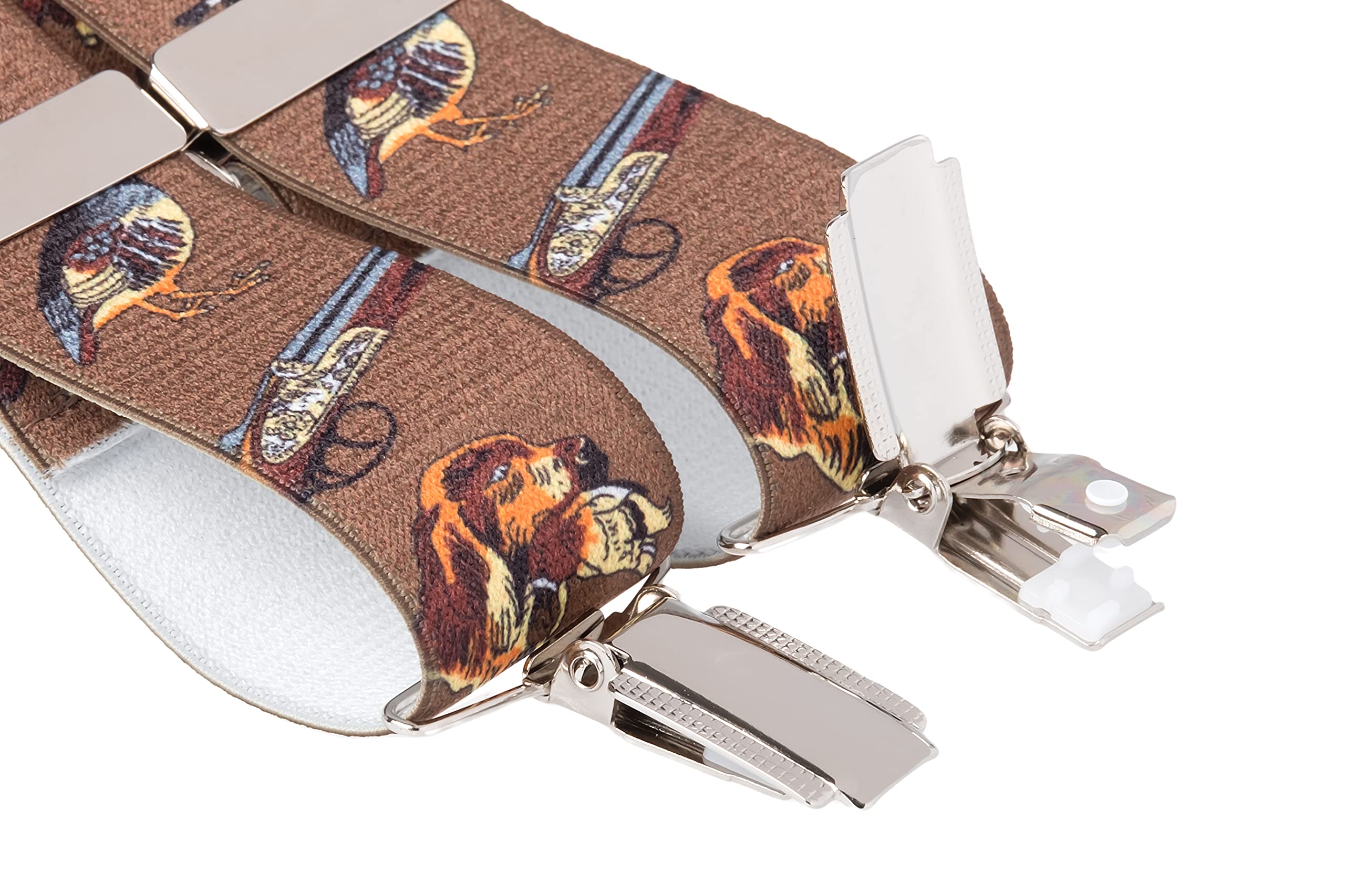 Bretelle per pantaloni da campagna, larghezza 35 mm, elastiche, 4 clip oro o argento, design e dimensioni assortite, per pesca, cervi, caccia, fagiani a tema