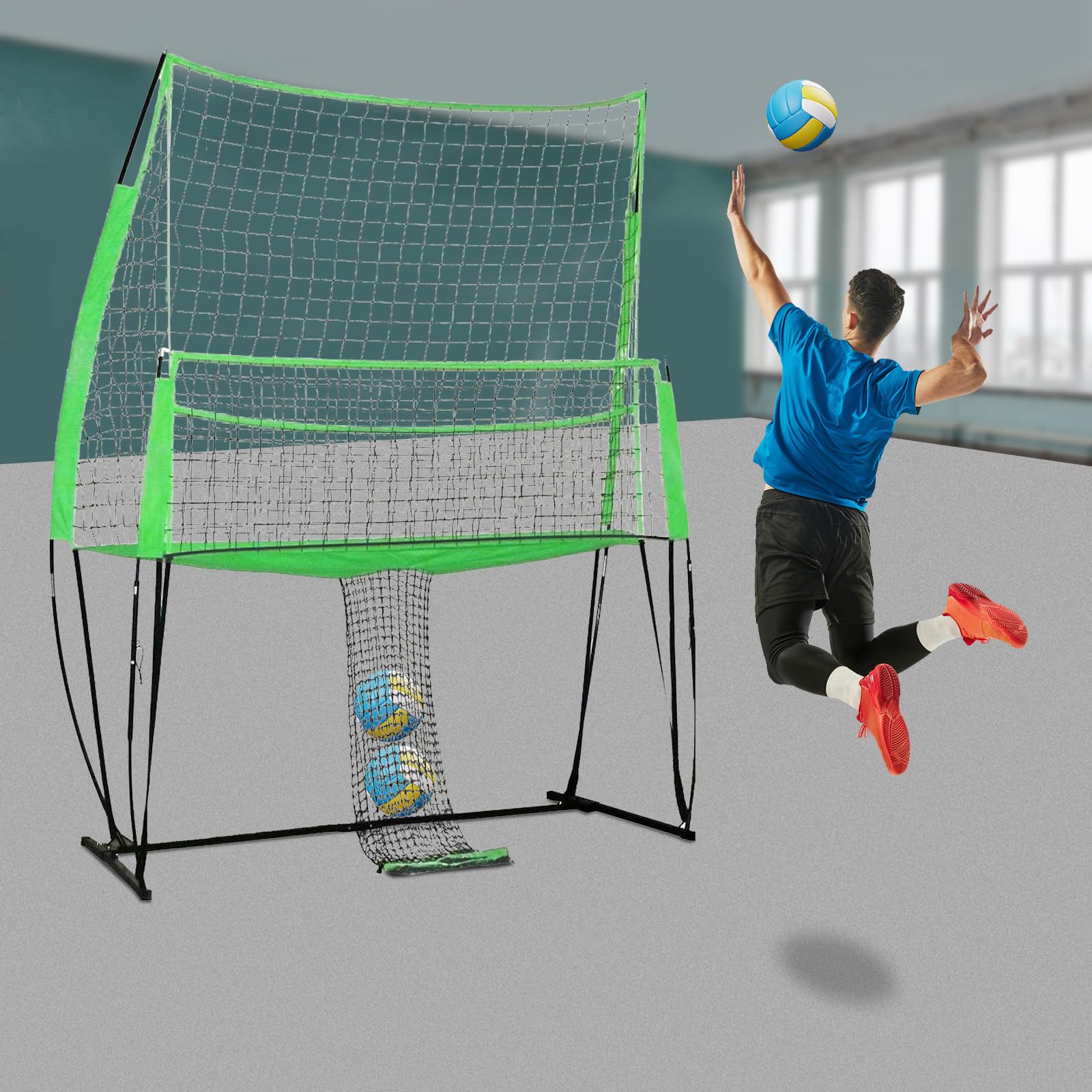 Rete da pallavolo, sistema di allenamento 2 in 1, rete da pallavolo portatile 3 in 1 con borsa per il trasporto, rimbalzo regolabile in altezza, per interni ed esterni, rete bersaglio per servire