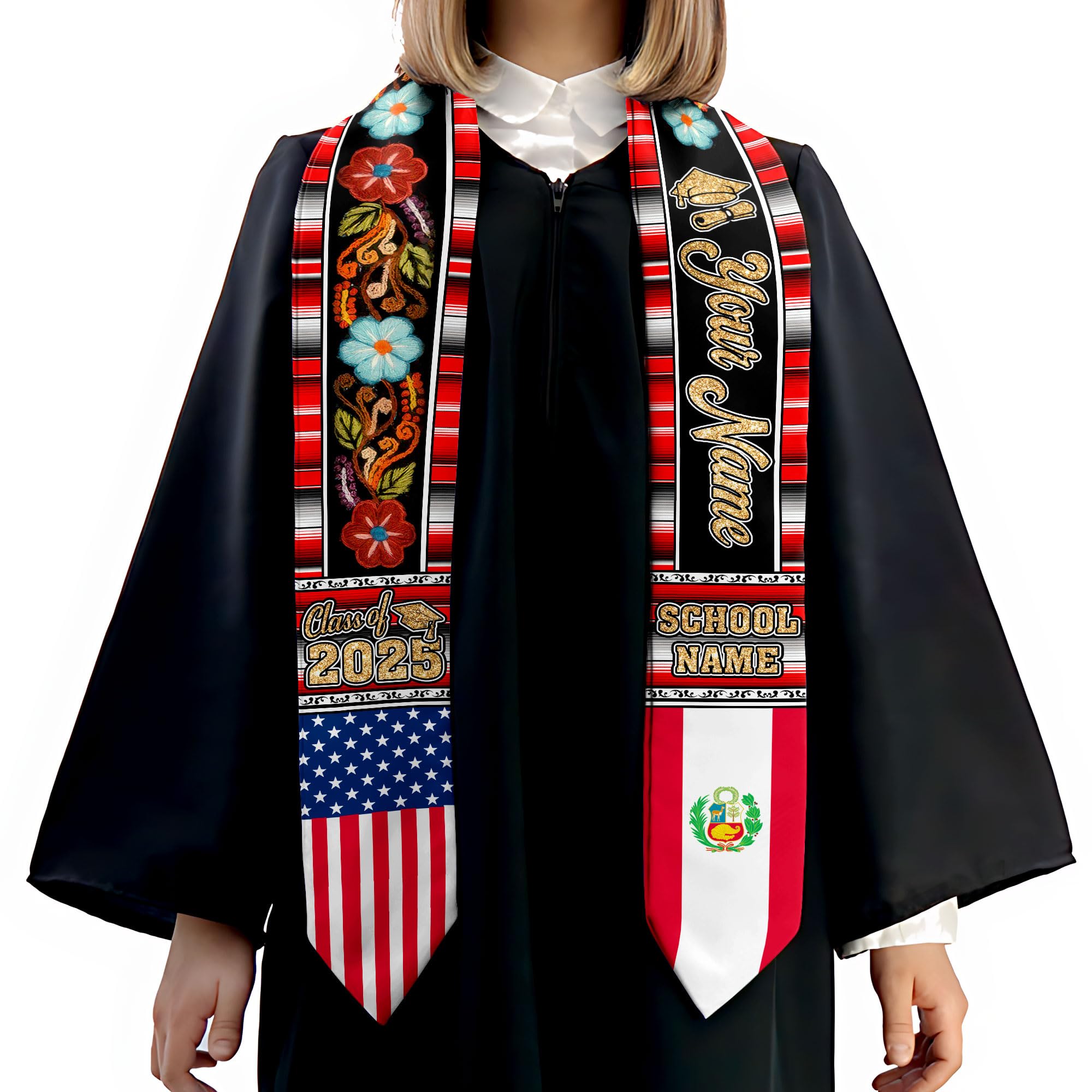 MonkeyVan Personalized Peruvian Graduation Sash, Custom Peruvians American Flag Graduation Stole 2025, Peru Graduation Stole S375
