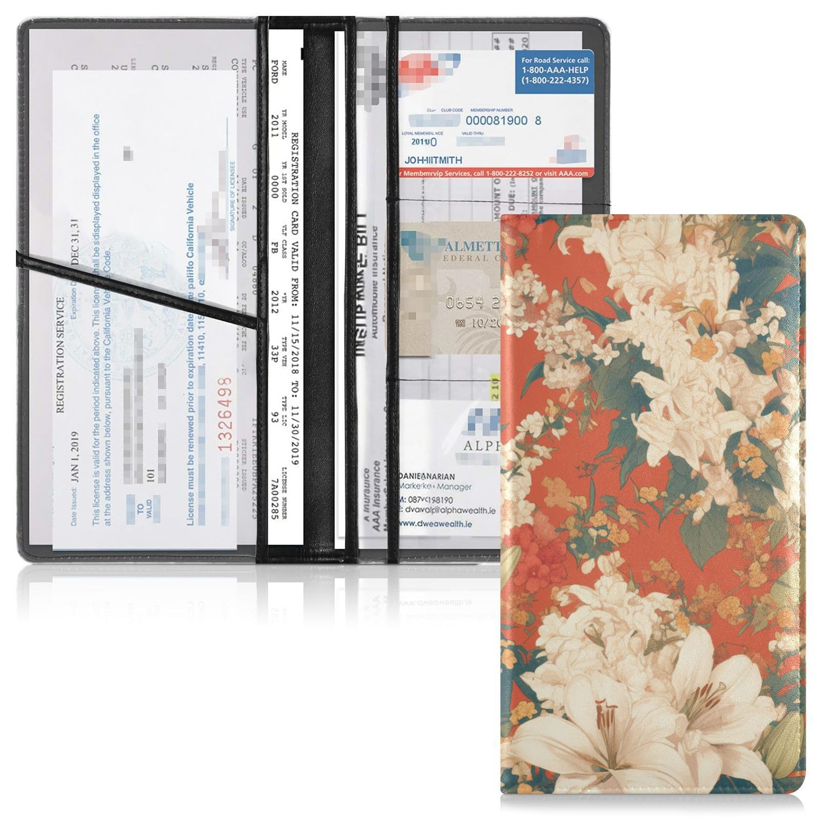 Lily Flowers Orange Background Japanese Woodblock Prints Pu Leather Toursuit car registration and insurance card holder Wallet Accessories Case for Cards, Essential Document, Driver License