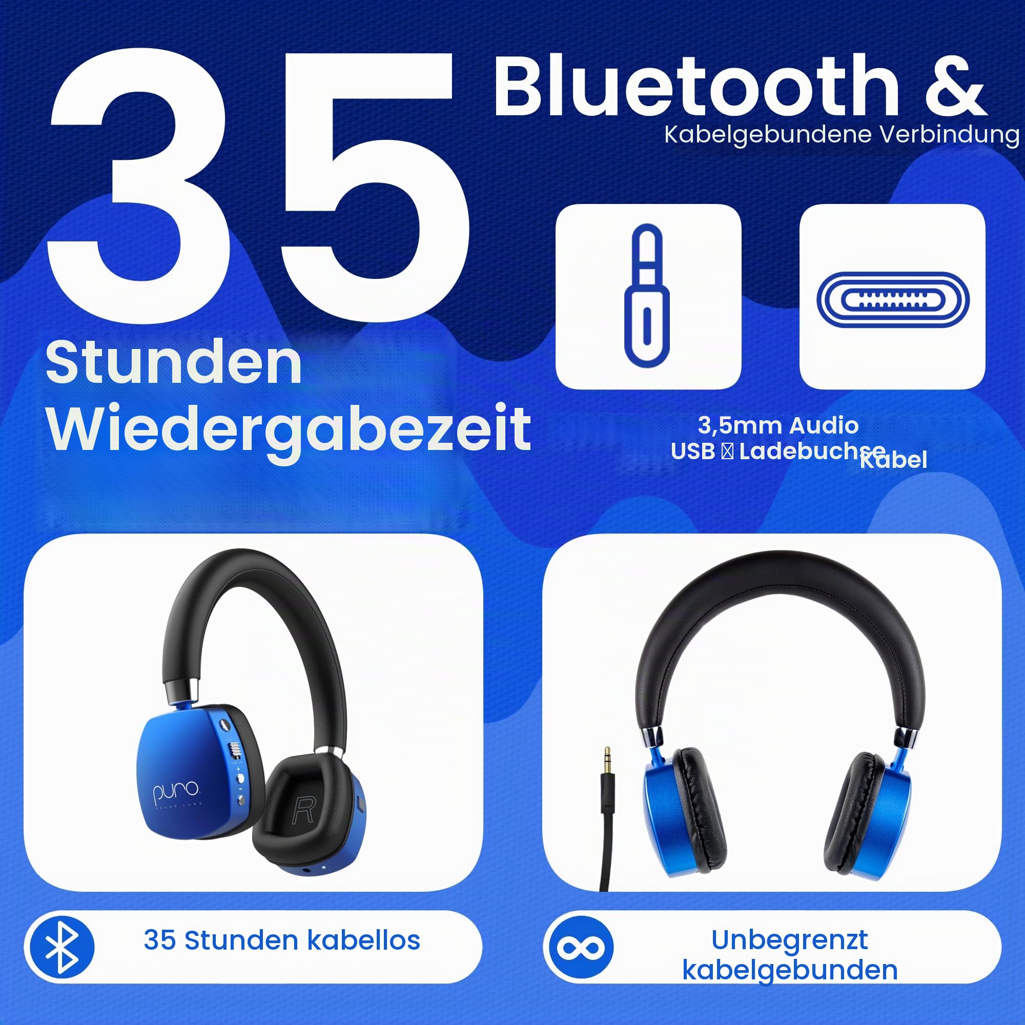 Puro Sound Labs PuroQuiet Plus Lautstärkebegrenzte On-Ear Active Noise Cancelling Bluetooth Kopfhörer – Leichte Kopfhörer für Kinder mit eingebautem Mikrofon – Sicherer Sound (Blau)