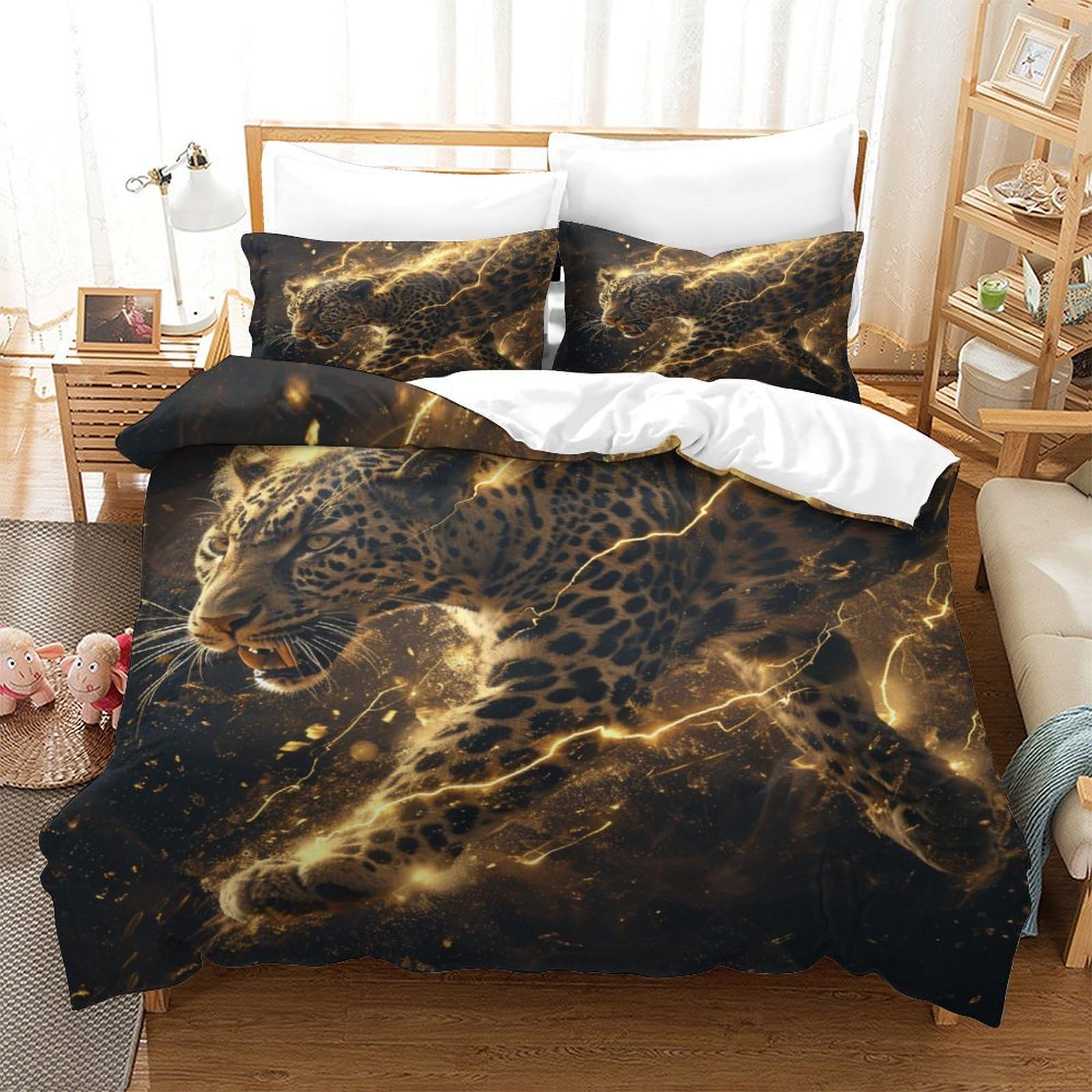 P1s9u7w5y Lightning Jaguar 3D Printed Lightning Leopard Duvet Cover Set 3Pcs Soft Microfiber Lightning Leopard Bedding Set Double（200X200cm）