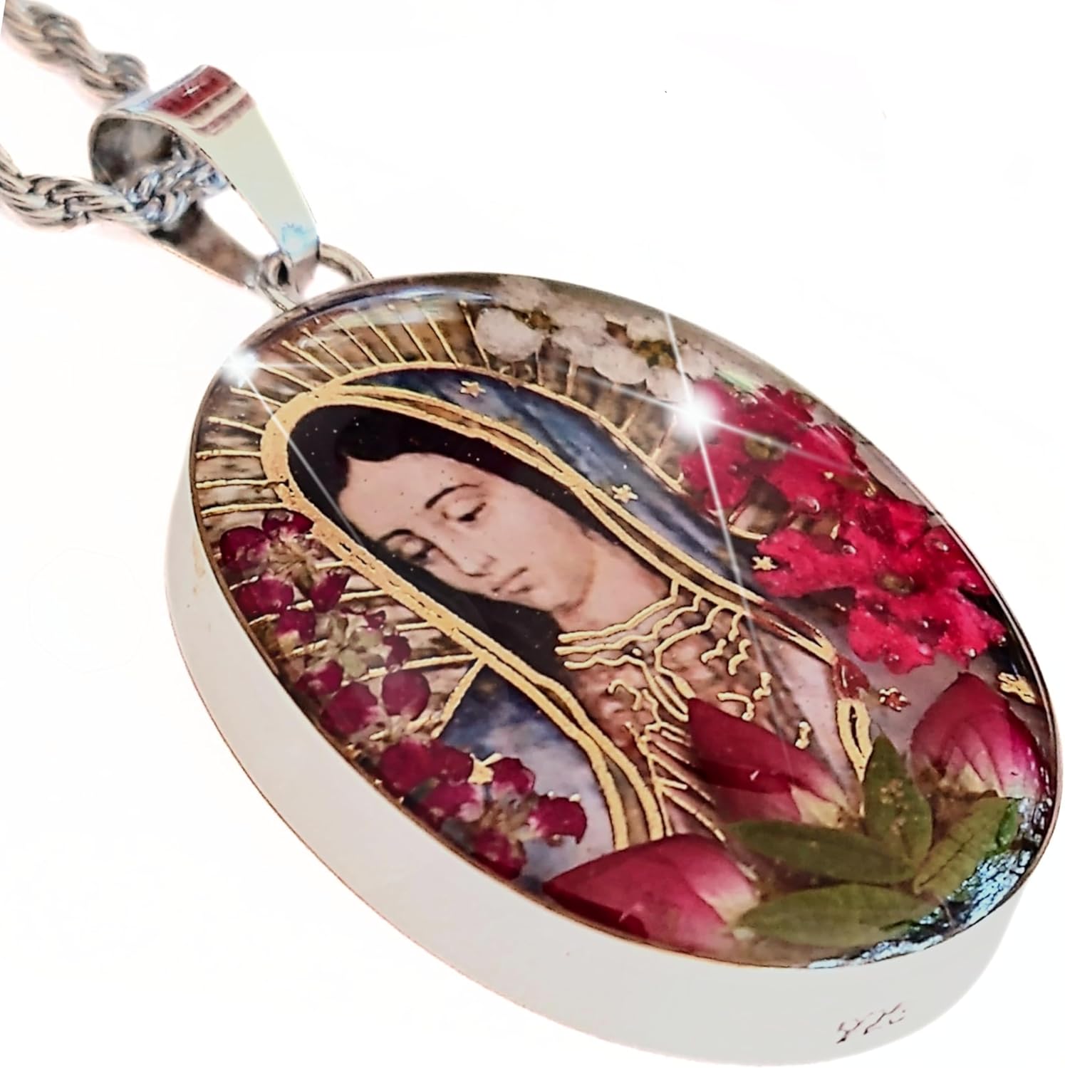 Virgin Mary Necklace Lady of Guadalupe Pendant Medal Pressed Red Flower 925 Sterling Silver with 20" Stainless Steel Chain Medalla Virgen Maria Catholic Religious Mexico Jewelry -Handmade by Mexican Artisans