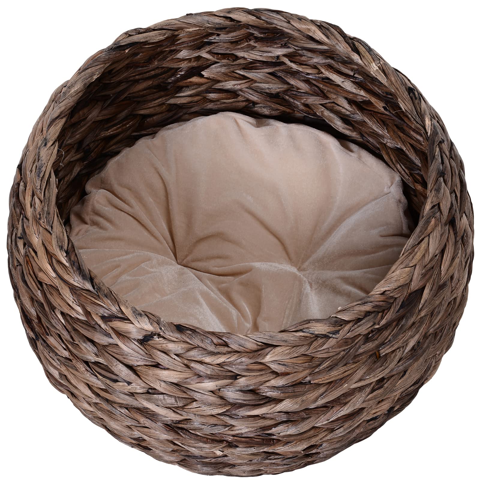 PawHut cesto per gatti in rattan rifugio per gatti grotta per gatti con cuscino letto per animali domestici in giacinto d'acqua per soggiorno marrone scuro 50 x 42 x 60 cm