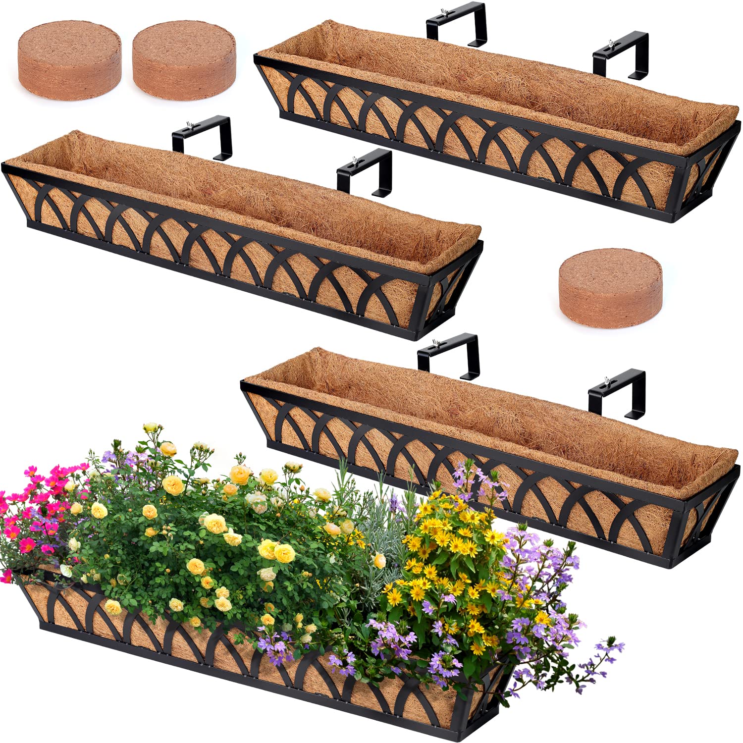 WIMART Window Box Railing, 24 Inch Black Metal Hanging Flower Planter Basket with Coco Liner for Outdoor Balcony Porch Fence Patio for Home, Office and Hotel (Black - 4 Pcs/Set)