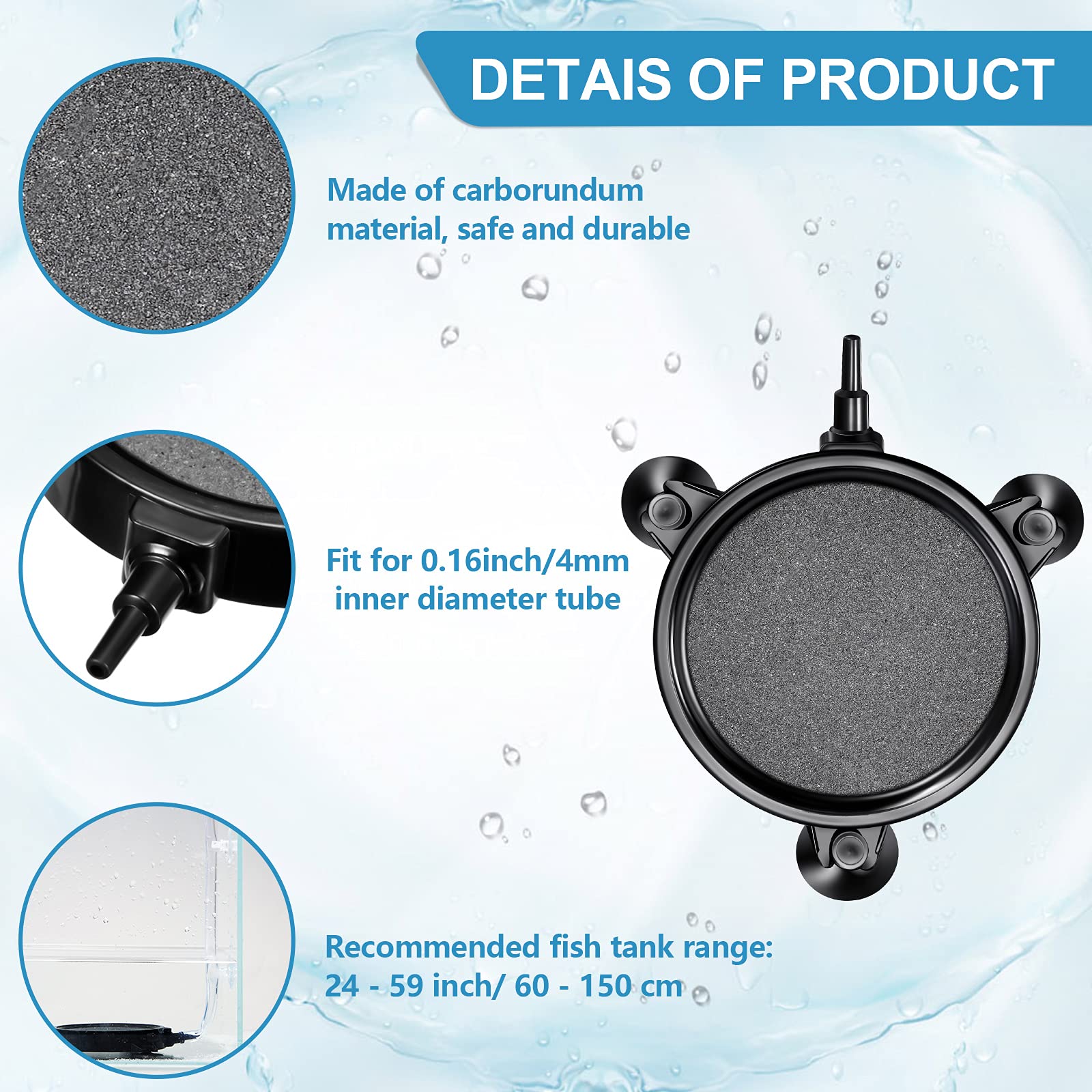 Lot de 6 diffuseurs de bulles en pierre à air de 10,2 cm - Outil de libération de bulles pour aquarium - Pompe à air hydroponique - Réservoir DWC et circulation (noir avec gris)