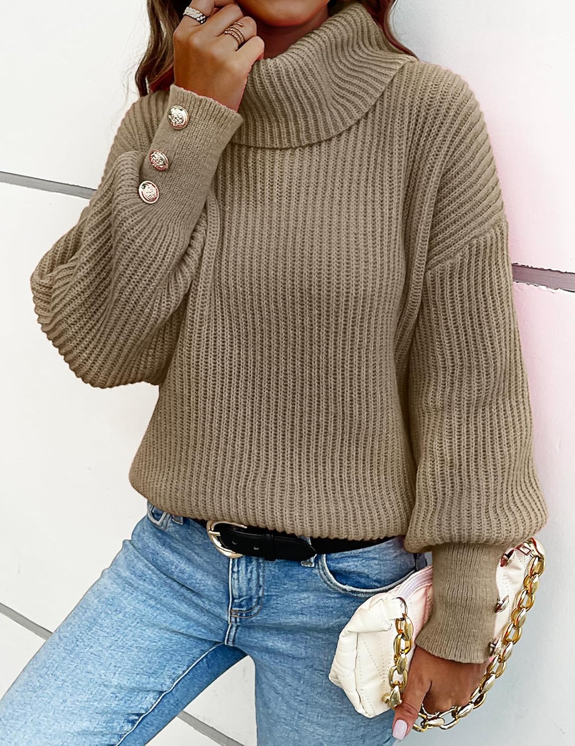 Womens Oversized Turtleneck Sweaters Spring 2026 Lightweight Thin Ribbed Knit Button Cropped Pullover Top - Image 5