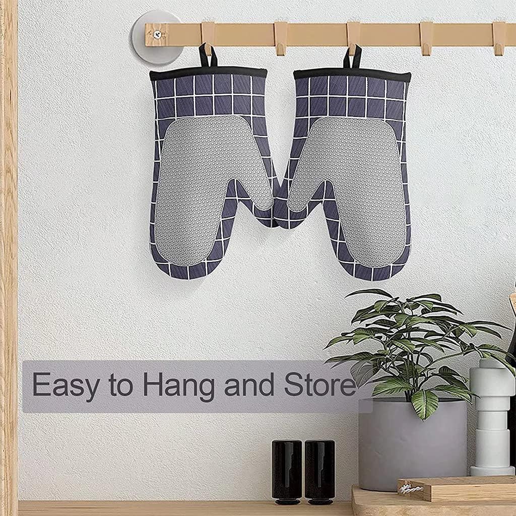 Oven Gloves, Silicone Oven Gloves, Cotton Lining and Non-Slip Surface, Square Stitched Heat Resistant Gloves for Kitchen, Baking, Grilling（Gray）