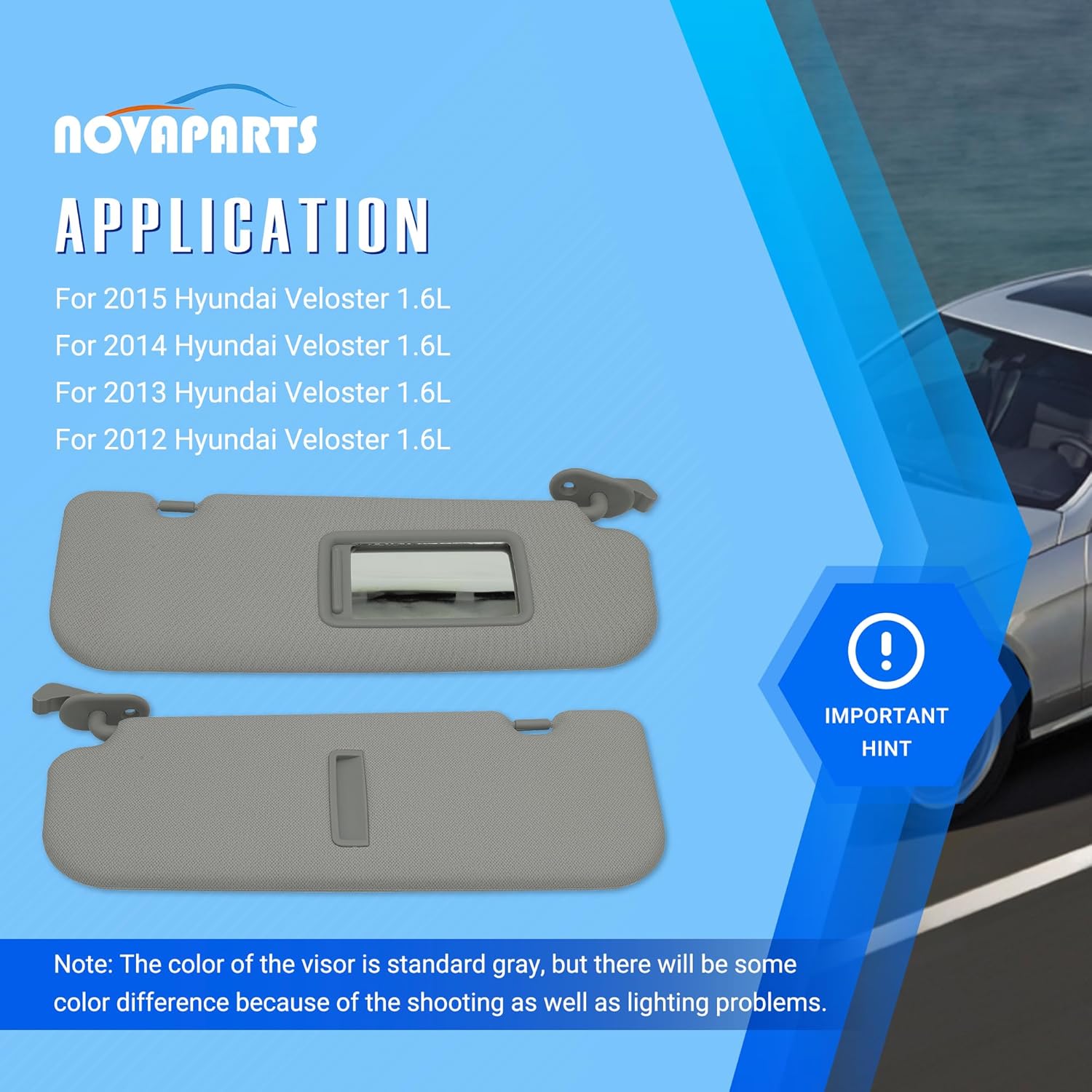 NOVAPARTS Right Passenger Side Sun Visor with Mirror Gray for 2012 2013 2014 2015 Hyundai Veloster Replacement for 85220-2V140-TX