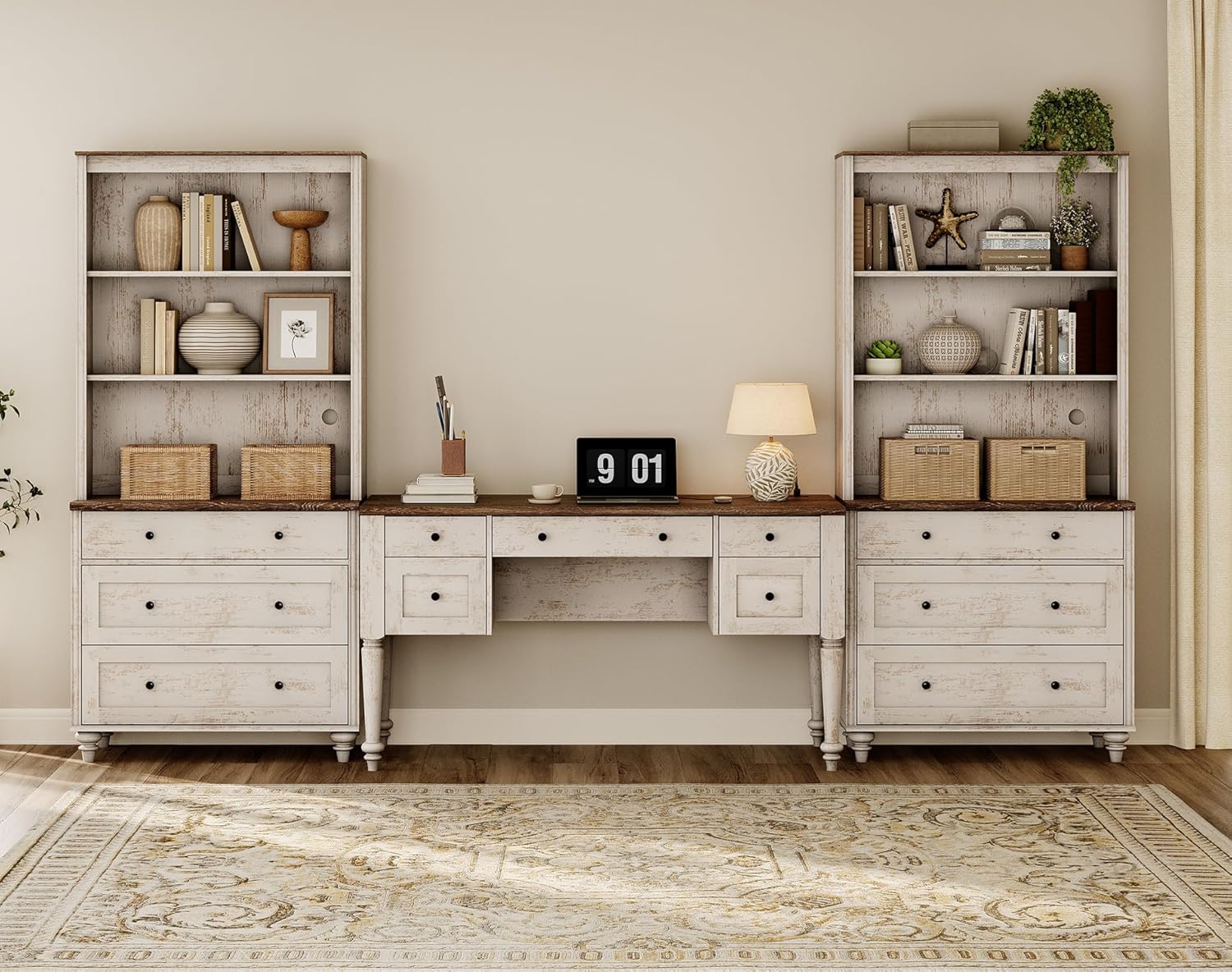 WAMPAT Home Office Furniture Set, 56" Executive Desk with Charging Station, 72" Tall Bookcase with 6 Drawers Dresser, Wood Computer Desk with File Cabinet Storage, Open Shelf, Rustic White