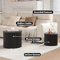 Vista 3 de AVZEAR Juego de 2 mesas de centro redondas anidables, mesa de centro pequeña acanalada, mesa lateral circular, mesas anidables de madera