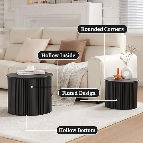 Miniatura 54 de AVZEAR Juego de 2 mesas de centro redondas anidables, mesa auxiliar moderna de granja, mesas anidables de madera natural, mesa auxiliar bohemia para