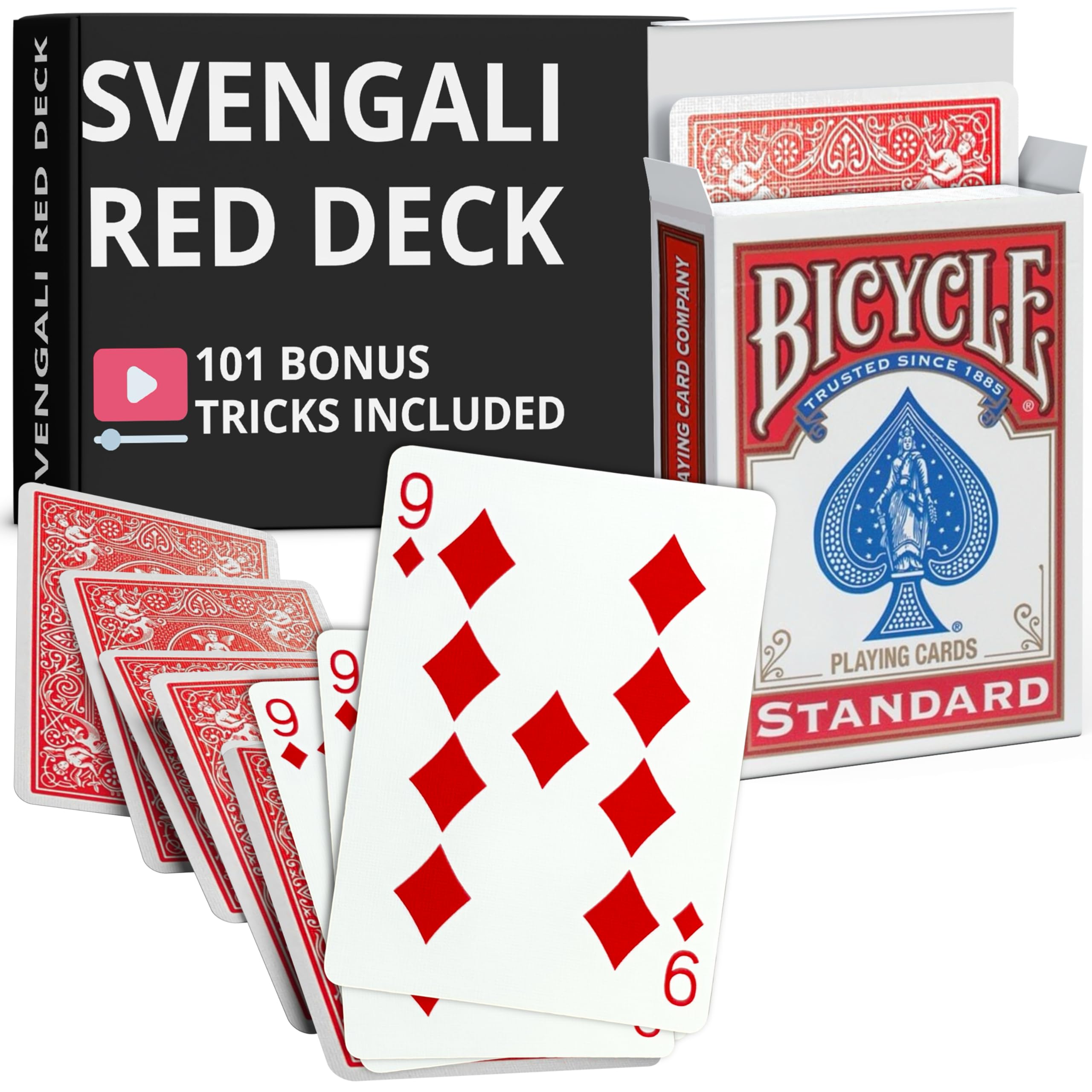 Ted's Sterling Magic Precision Red Rider Back Bicycle Svengali Deck with Instructions for 100+ Tricks (9 of Diamonds)