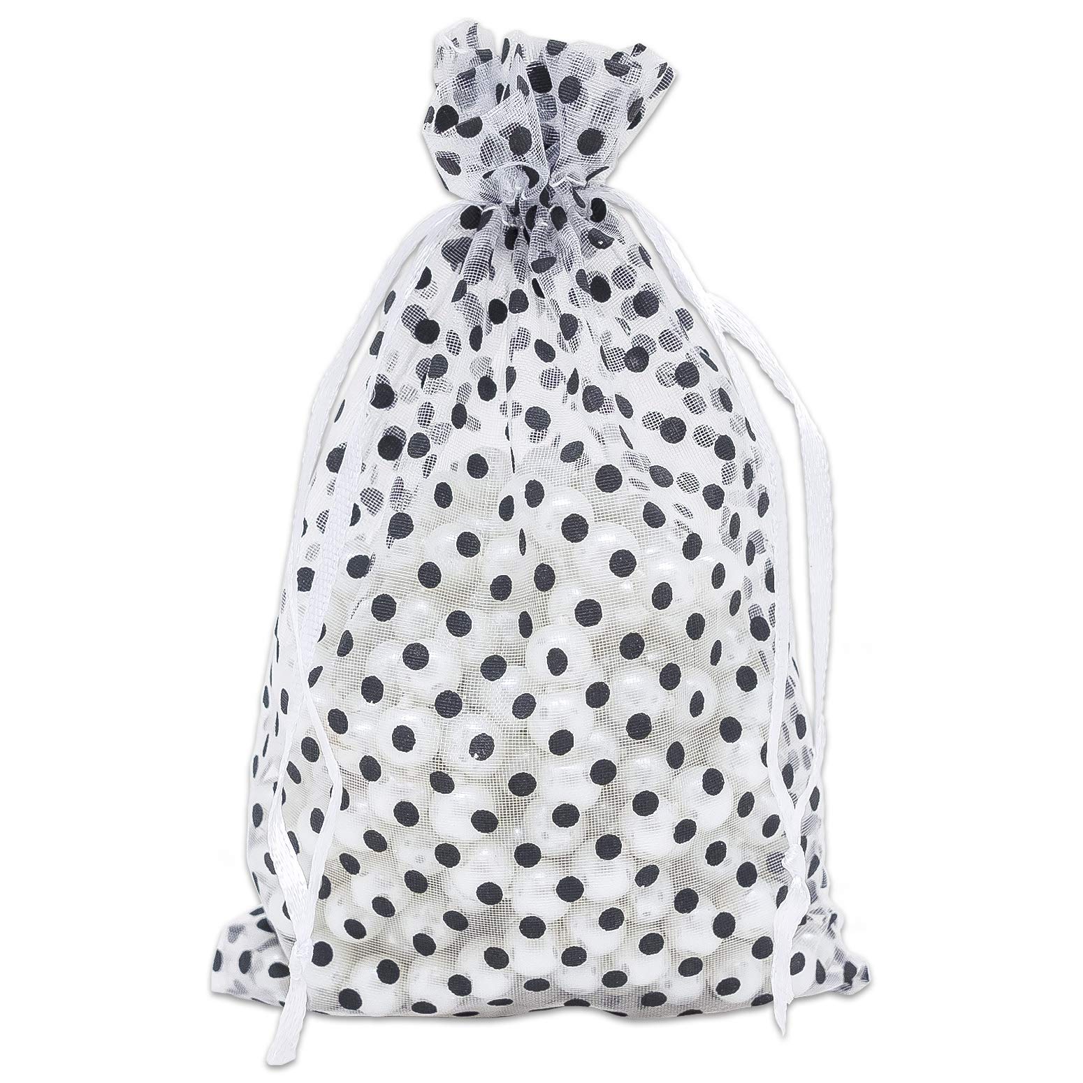 100-Pack 4x6 in Sheer Organza Gift Bags with Drawstring (Medium) - Polka Dot (White/Black) - for Wedding Party Favors, Treats Mesh Pouch by The
