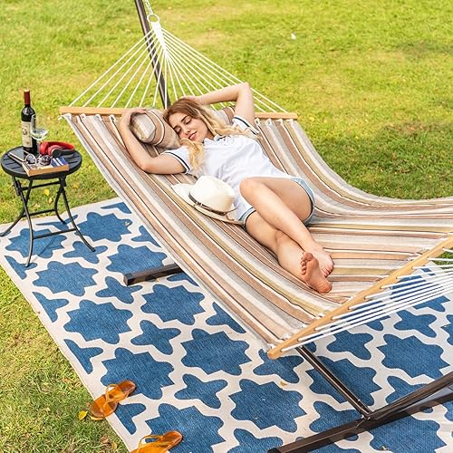 Miniatura 2 de Lazy Daze - Hamaca de tela acolchada con soporte de 12 pies, hamaca doble para 2 personas con almohada para patio exterior, jardín, patio trasero,