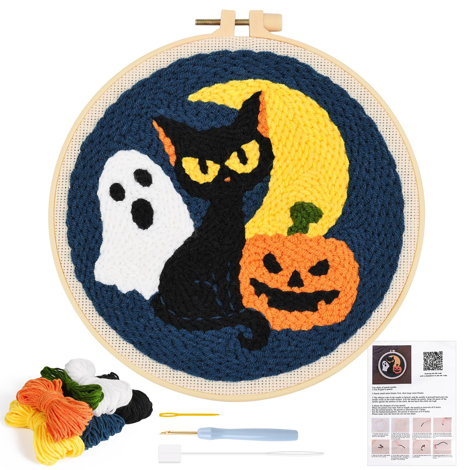 JSRQT Punch Needle Embroidery Starter Kits Halloween Beginner Hooking Black Cat Pumpkin DIY Handcraft Craft Tools Pinch for Adults with Instructions Hoop Cross Stitch Yarn Rug Accessories