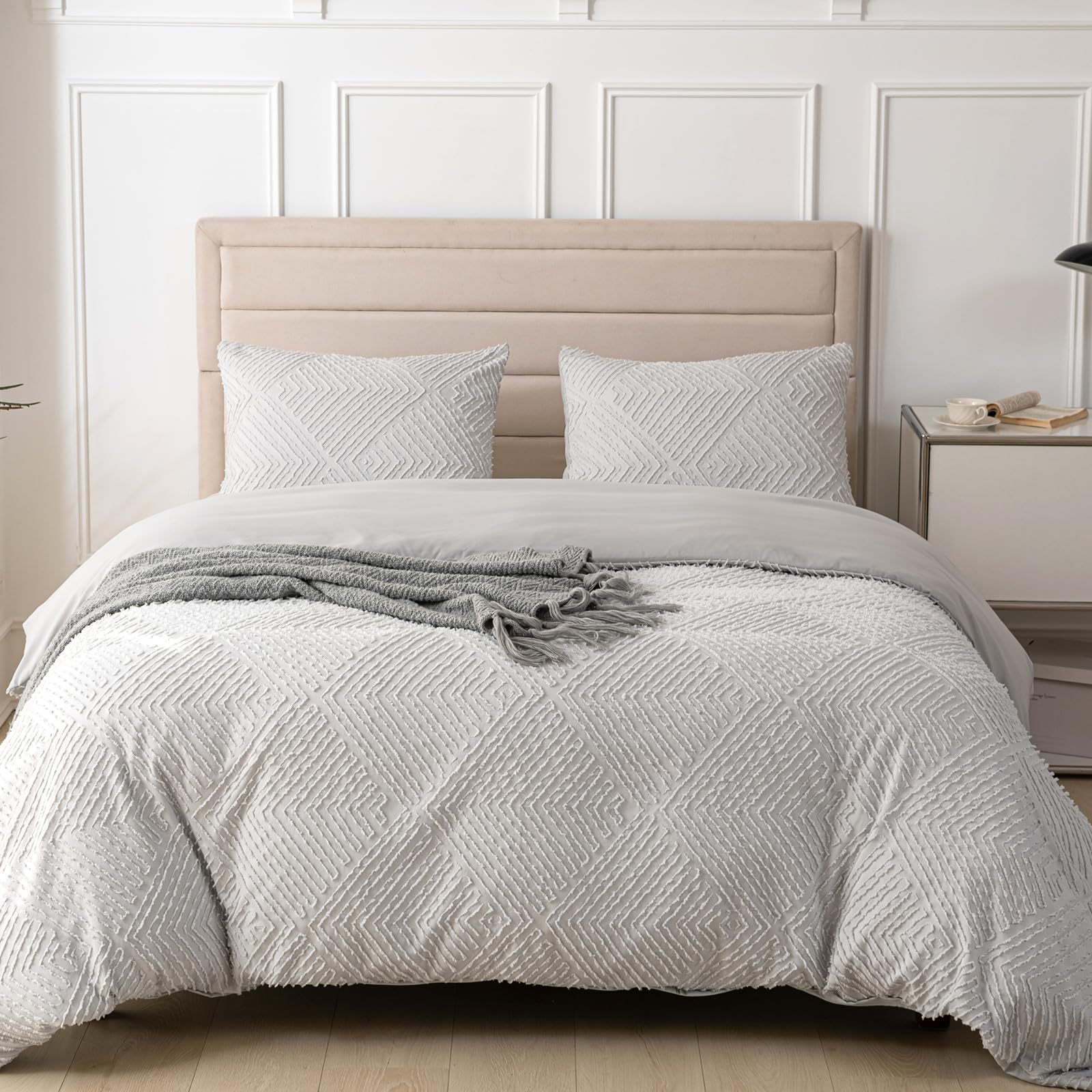 Breathable & Soft Queen Duvet Cover Set with Zipper-Grey Striped Textured 3 Pieces Bed Comforter Cover Set-Lightweight Tufted Set with 2 Pillow Shams