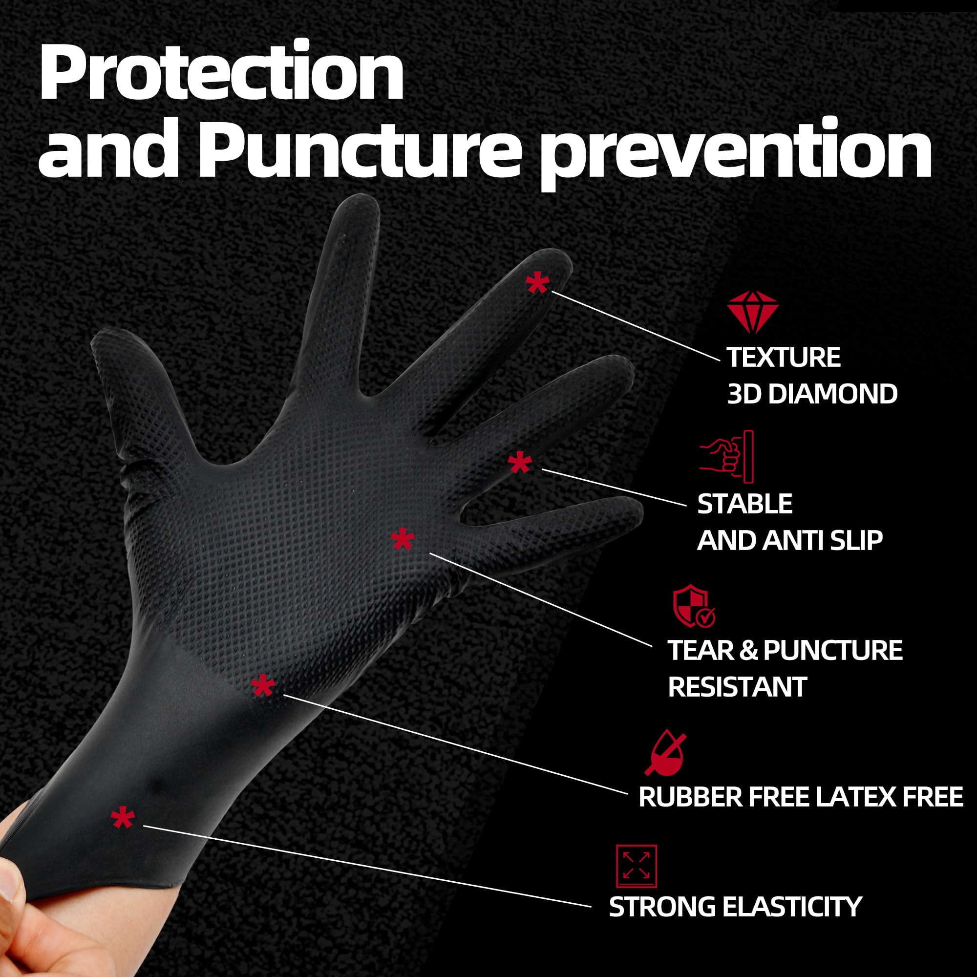 Jointown Verbesserte 10 mm robuste Nitrilhandschuhe, Mechaniker-Handschuhe, Nitril-Einweghandschuhe, mit erhöhter Diamantstruktur, 100 Stück, Schwarz, Größe L