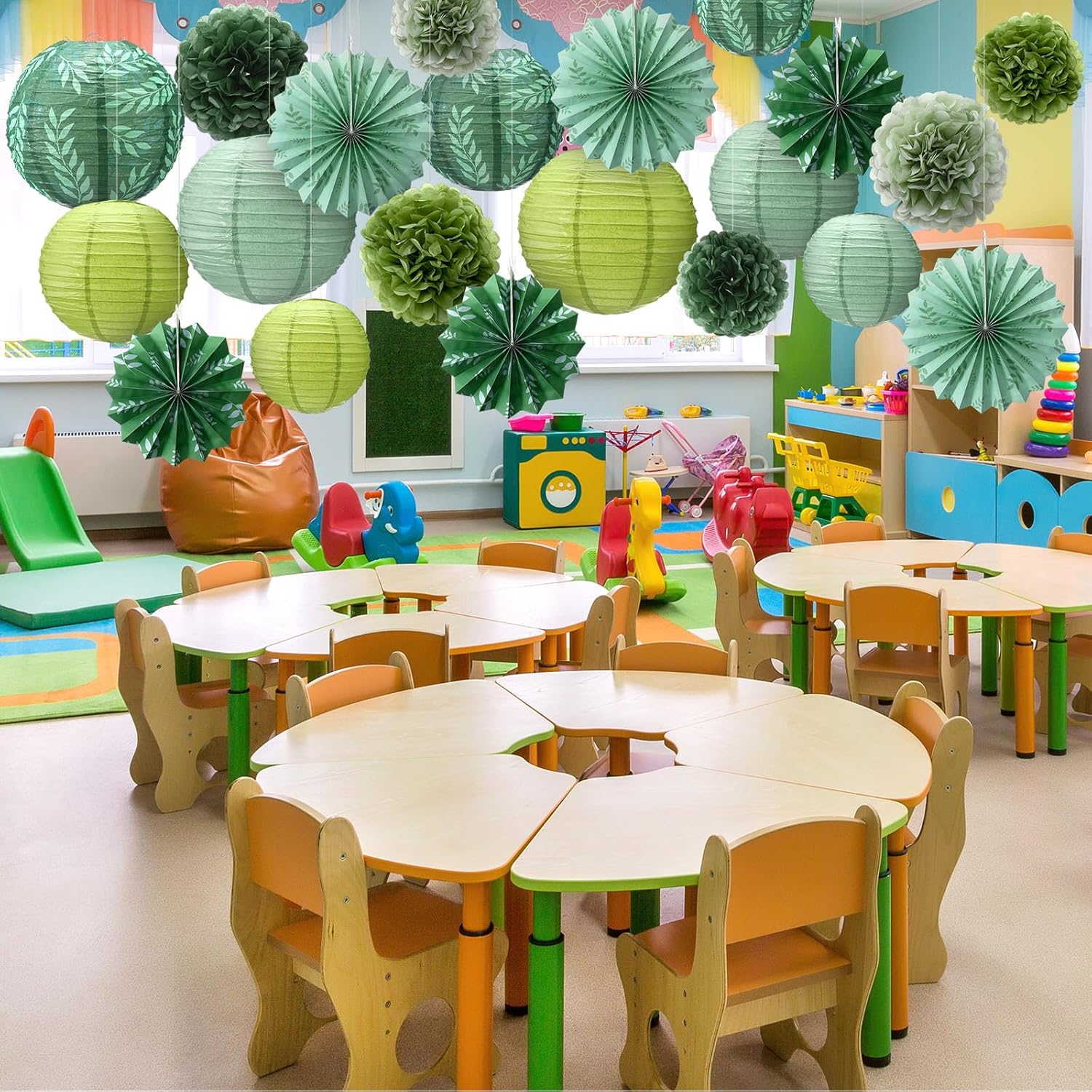 Soulchen 18 Pcs Greenery Classroom Decor Sage Green Paper Lanterns Set Classroom Ceiling Hanging Decorations Hanging Greenery Tissue Pom Poms Fans Decor for Neutral School Boho Birthday Party
