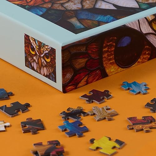 Miniatura 7 de Rompecabezas de búho de vidrieras para adultos, rompecabezas de 1000 piezas con póster adicional, diseño único y colores vibrantes