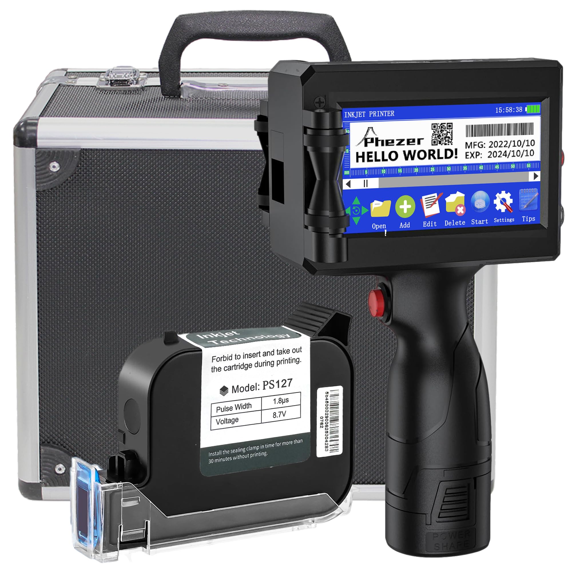 Phezer Pistola portatile a getto d'inchiostro P15U con cartuccia d'inchiostro ad asciugatura rapida, stampante portatile da 0,5 pollici per testo/codice a barre/logo/QR/contatore/numeri/data (con