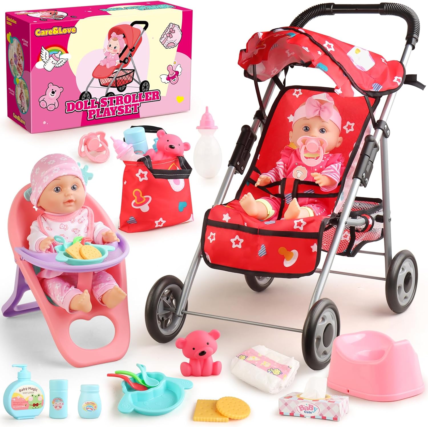 Baby Doll Stroller Set – A 12.5″ Baby Doll with Doll Accessories & 2 Sets Clothes, Baby Doll Stroller for Toddlers 3-5, Doll Playset Toy Stroller for Kids, Gifts for Girls 3 4 5 Year Old Girls Toys