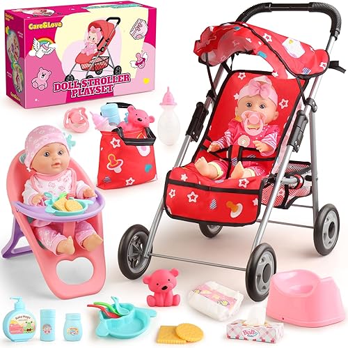 Juego de cochecito de muñeca de bebé, una muñeca de bebé de 12.5 pulgadas con accesorios para muñecas y 2 juegos de ropa, cochecito de muñeca para