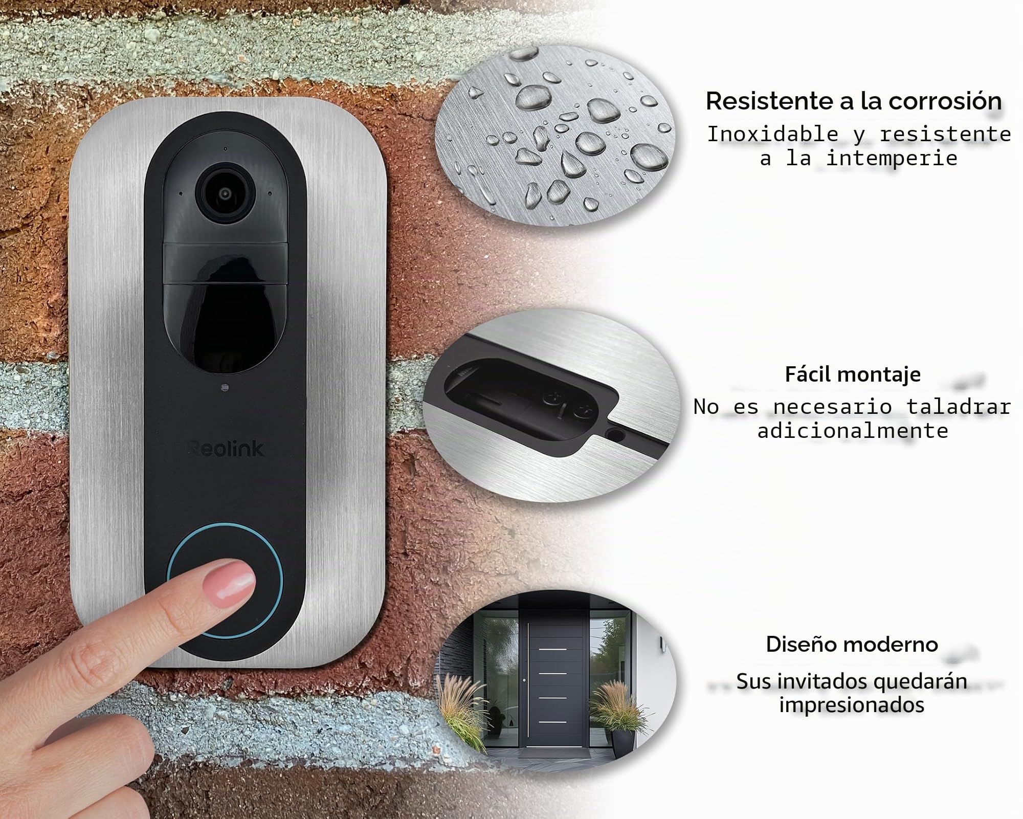 bisel de acero inoxidable | Accesorios para timbre de puerta Reolink | Battery, 5MP, Ultra HD, 2K, 4MP, WiFi, PoE, batería | Soporte, escudo, placa para timbre inalámbrico