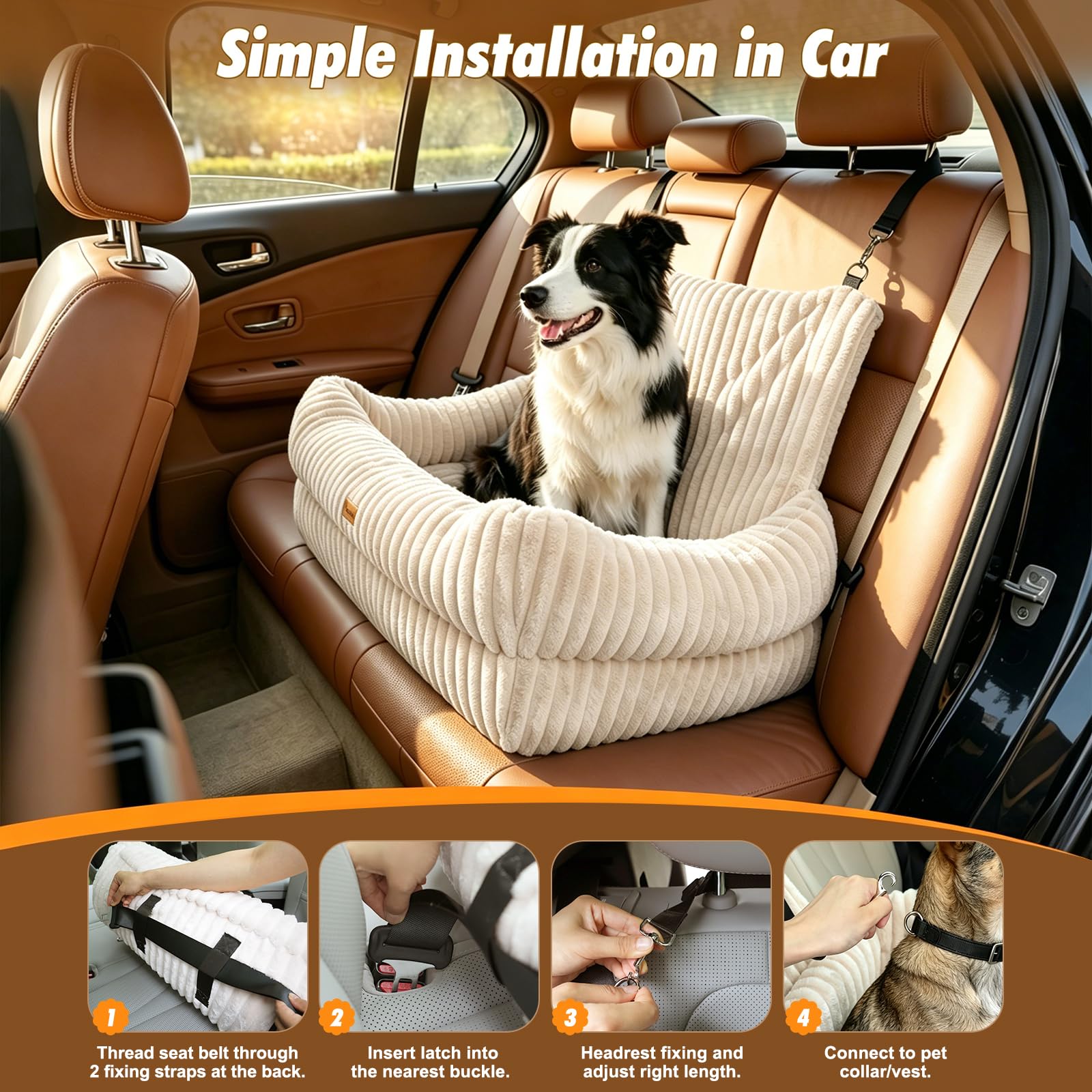 Pawaboo Dog Car Seat – Memory Foam Booster with Thickened Cushion, Washable Removable Cover, Safety Leashes, łóżko podróżne dla zwierząt domowych, dla średnich dużych psów lub 2 małych psów, beżowe