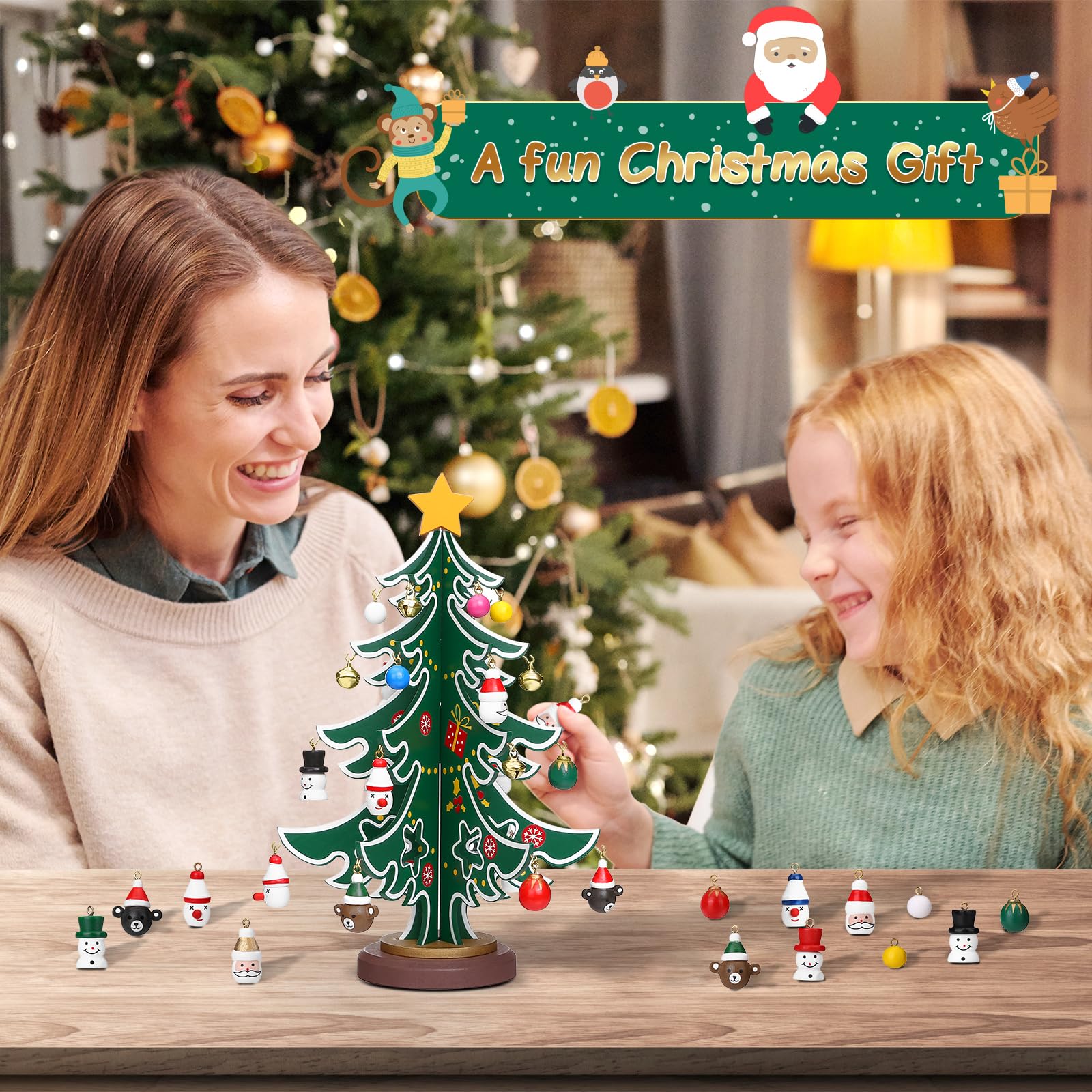 LIHAO Kalendarz adwentowy 2025 Mini choinka drewniana Christmas Tree z 24 zawieskami Kreatywny kalendarz adwentowy Drzewko choinkowe Dekoracja do DIY choinki dla dzieci