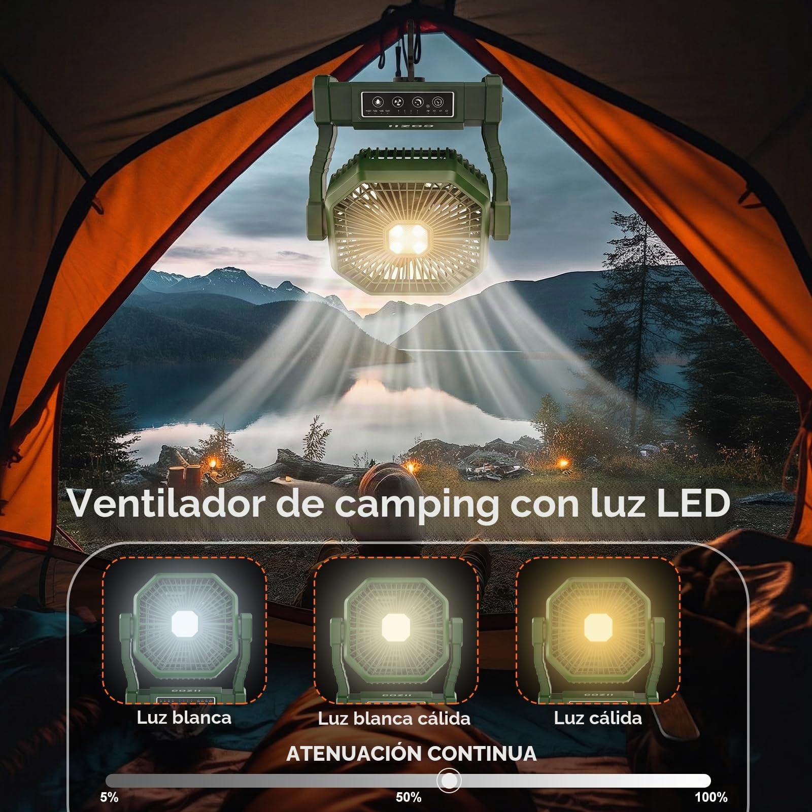 COZII Ventilador Portatil 20000mAh, Ventilador Camping Recargable, 4 Velocidades Ventilador USB Silencioso, Ventilador de Mesa con Luz LED y Control Remoto pare Viaje Picnic Pesca Oficina