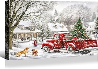 Christmas Village Scene Canvas Wall Art, Red Truck Painting Prints, Snow-Covered House Festive Decor for Living Room, Bedroom, Kitchen, 18 x 12 Inches