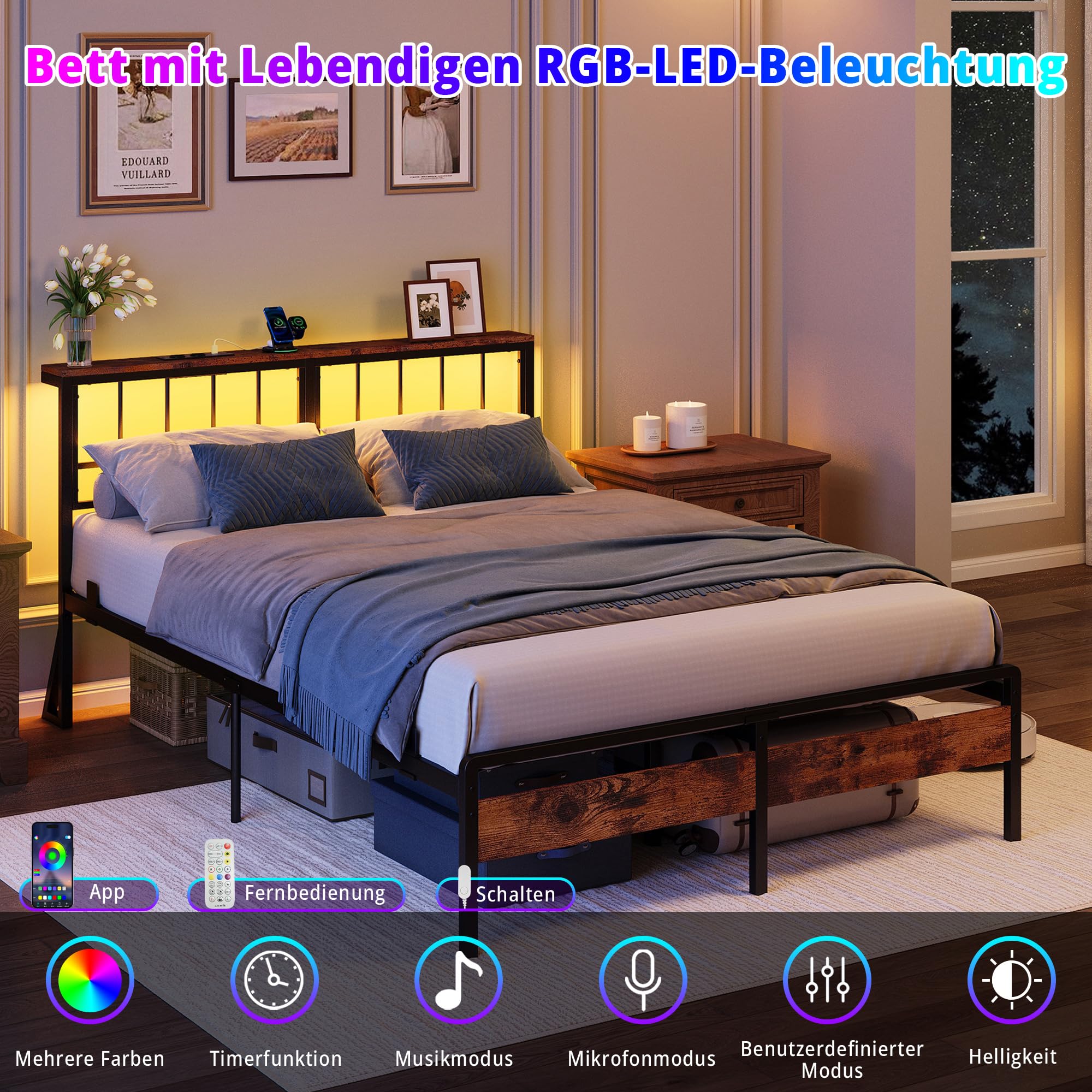 IRONCK Cama Matrimonio 140 x 200 cm con Estación de Carga y LED