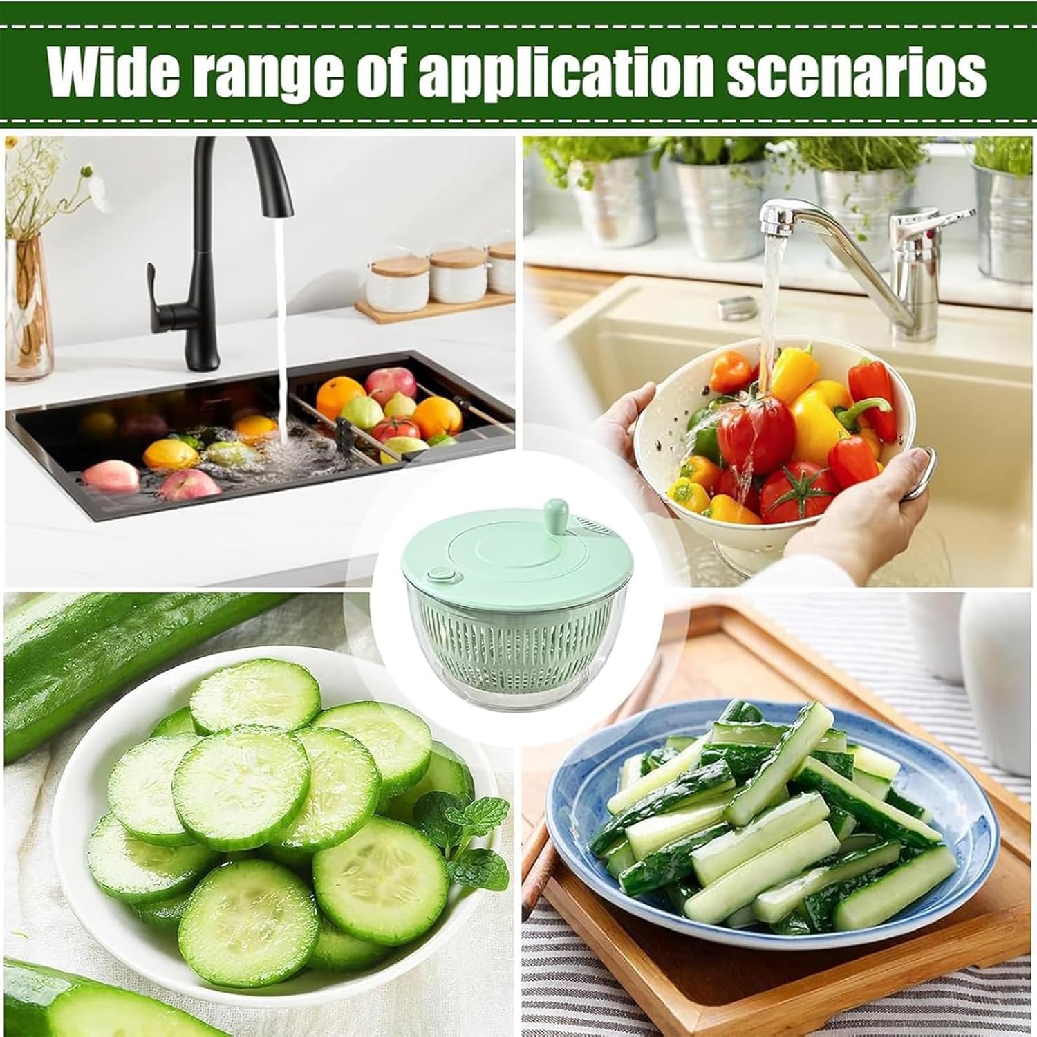 Hand-Cranked Fruit & Vegetable Dehydrating Basket, Slices, Shreds, and Spins Dry, with 6 Types of Cutter Heads, 5L Large Lettuce Washer, Manual spinning design helps remove moisture for quick (1 SET)