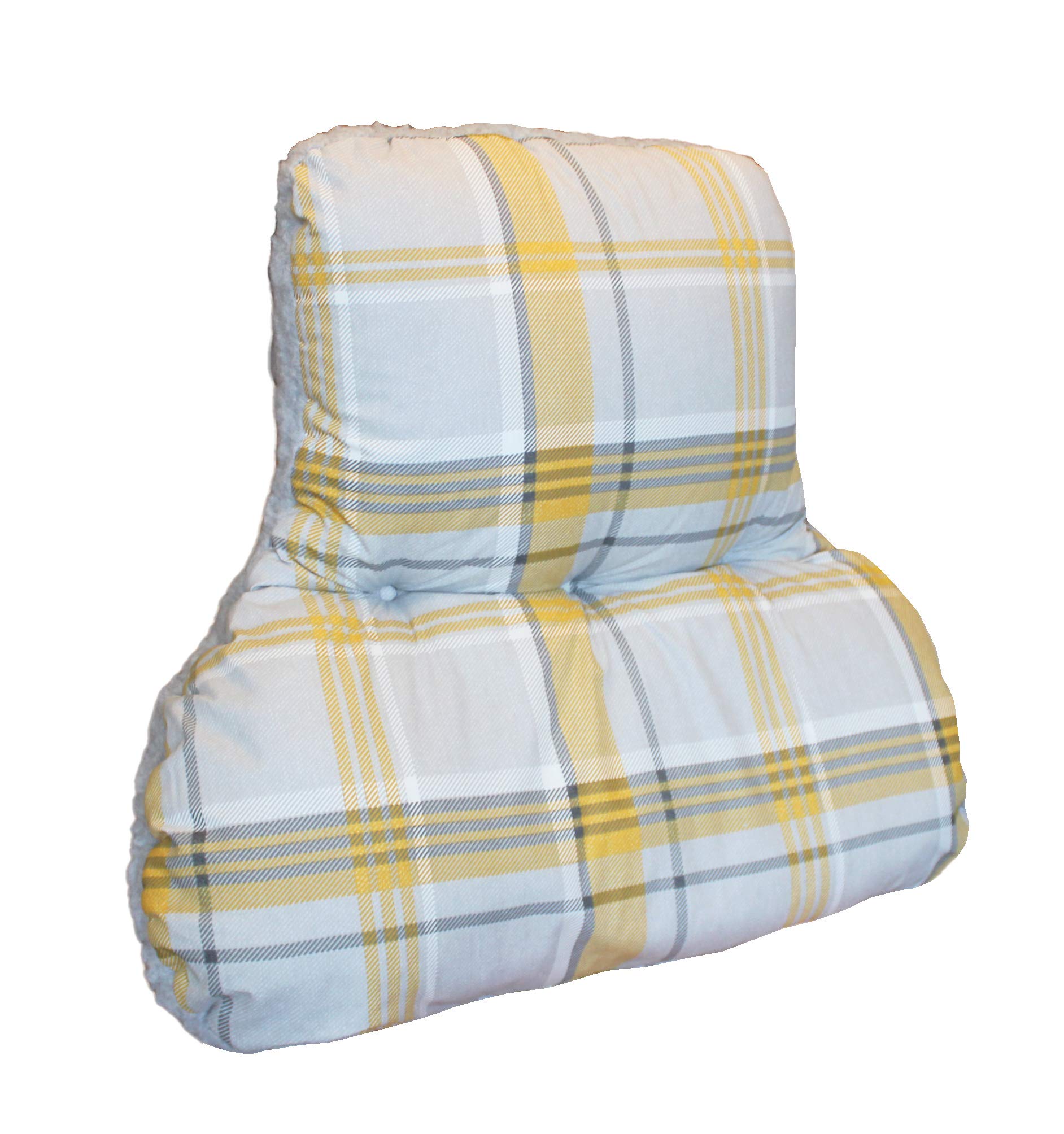 Back Posture Fleece Support Cushion with Lumbar Section - HOME OFFICE/WORK FROM HOME - Cream/Grey/Tartan Reversible - MADE IN UK - Cosy Faux Sherpa Fleece (Grey Fleece / Mustard Tartan Back)