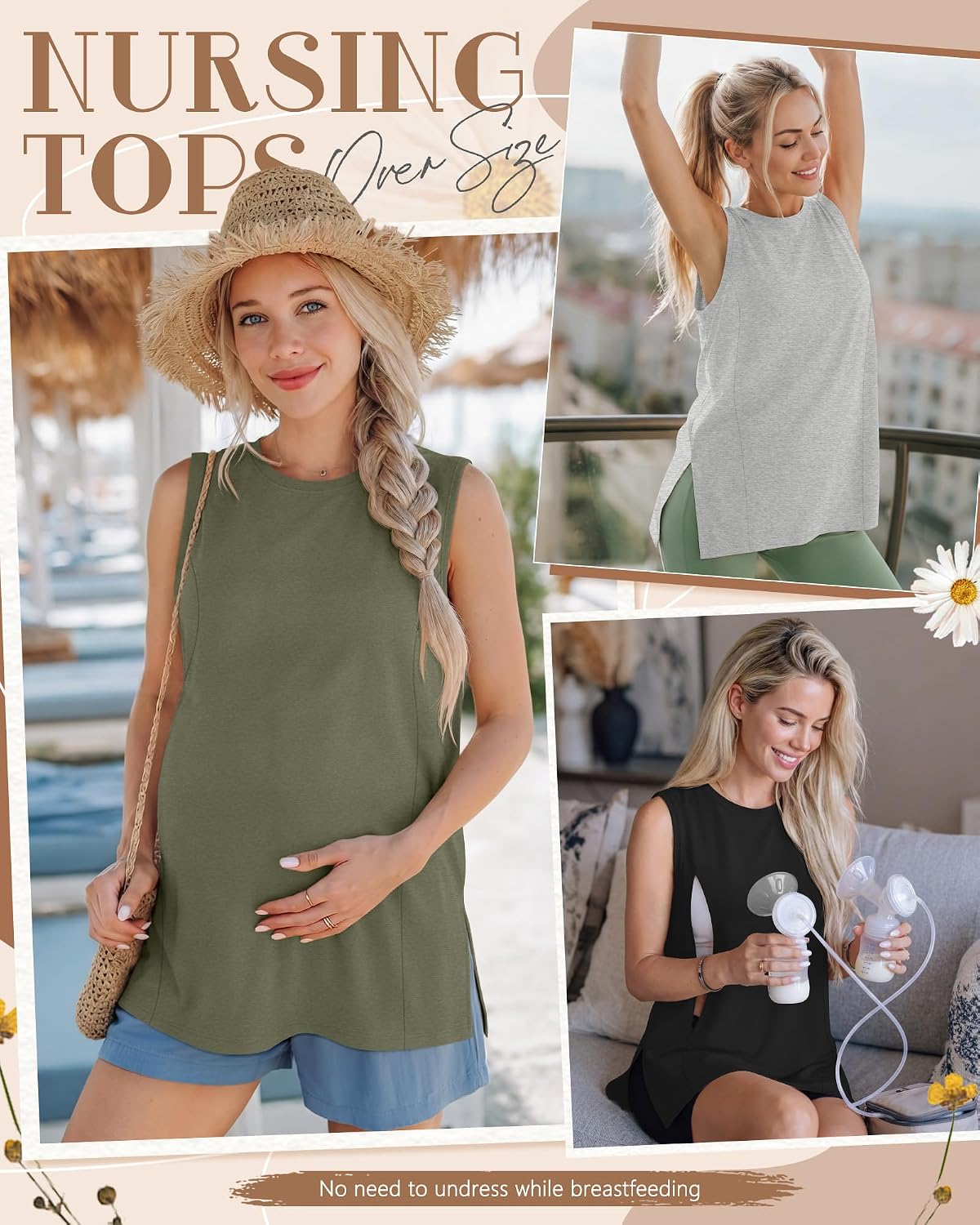 Ficerd 3 Pack Women's Nursing Tank Tops Oversized Zippers Sleeveless Breastfeeding Shirts Crew Neck Split Hem Maternity Tops