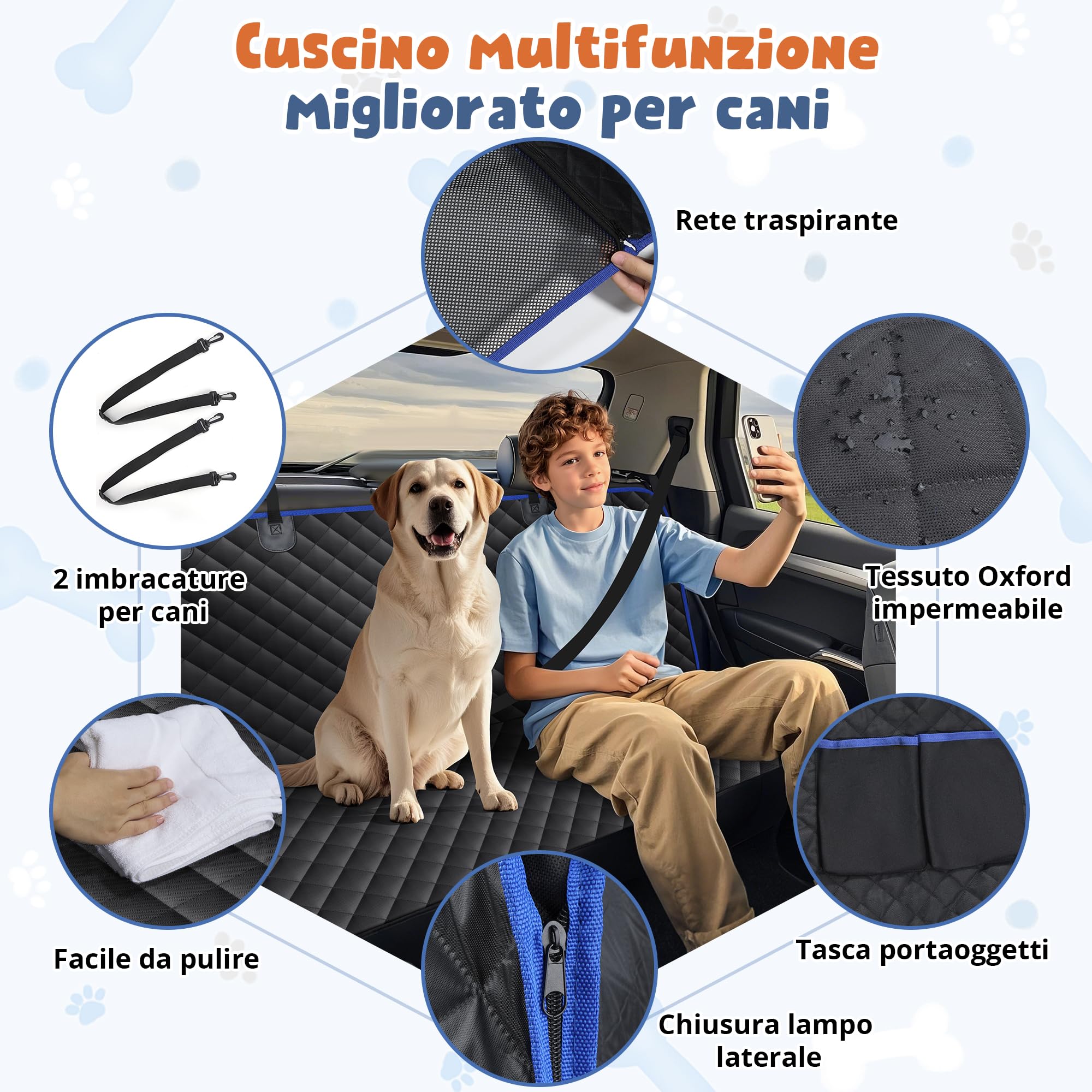 Coprisedile Auto per Cani, Coprisedile Telo Macchina per Cani con Finestra in Rete e Protezioni Laterali, Telo Cane Auto Sedili Posteriori, Facile da Pulire, Sicurezza e Comfort per il Vostro