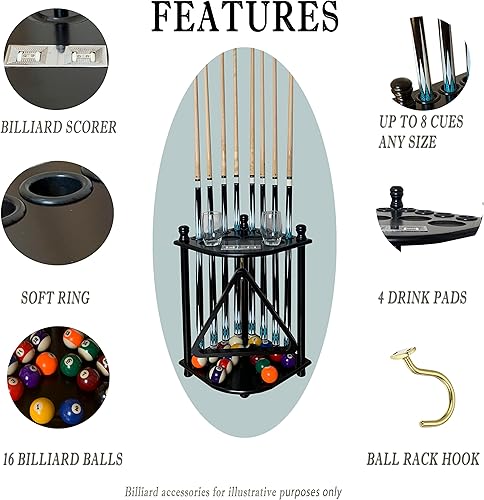 Miniatura 8 de Soporte para tacos de piscina de pie para 8 palos de taco y accesorios de mesa de billar, soporte de palo de piscina de madera, soporte para tacos