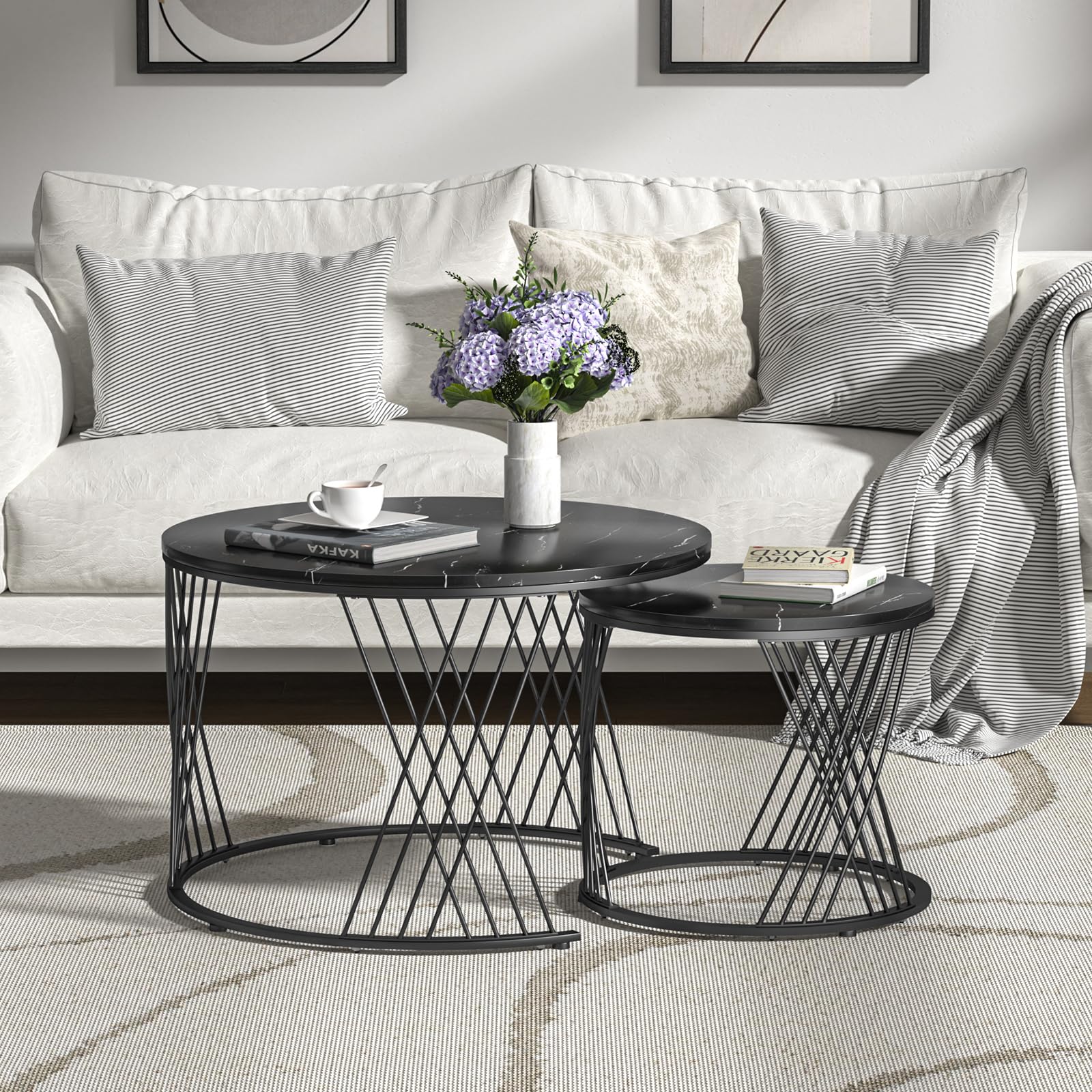 Juego de 2 mesas de Centro Redondas Nido 70/40 cm - Negro con Estructura de Metal Dorado, multifuncionales para salón, Dormitorio, Oficina o apartamento