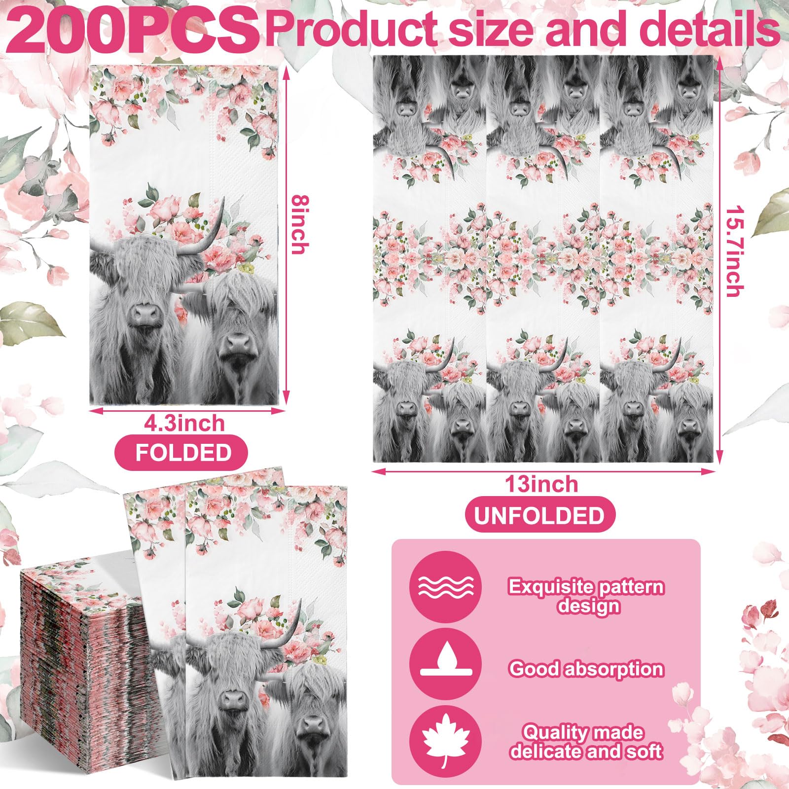 Newwiee 200 servilletas de invitados de vaca de las tierras altas, servilletas con estampado de ganado, decoraciones de fiesta de vacas de las tierras altas, toallas de papel de 2 capas para baño