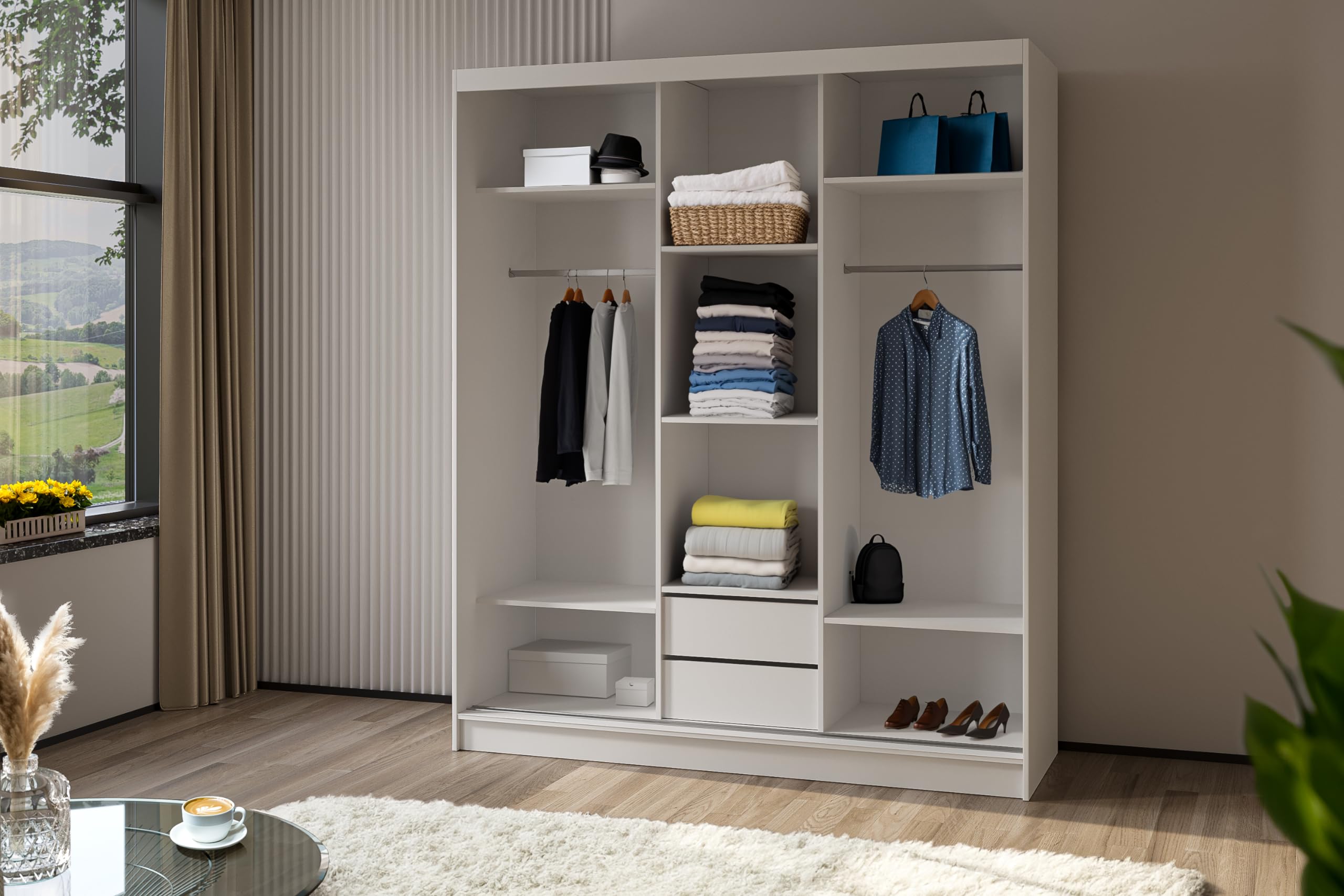Kleiderschrank Darix mit Spiegel, Organizer, Mehrzweckschrank, Schwebetürenschrank, Garderobenschrank, Kleiderstange, Kleiderständer, Flurschrank, 3-türig, Schrank, weiß, 180 cm