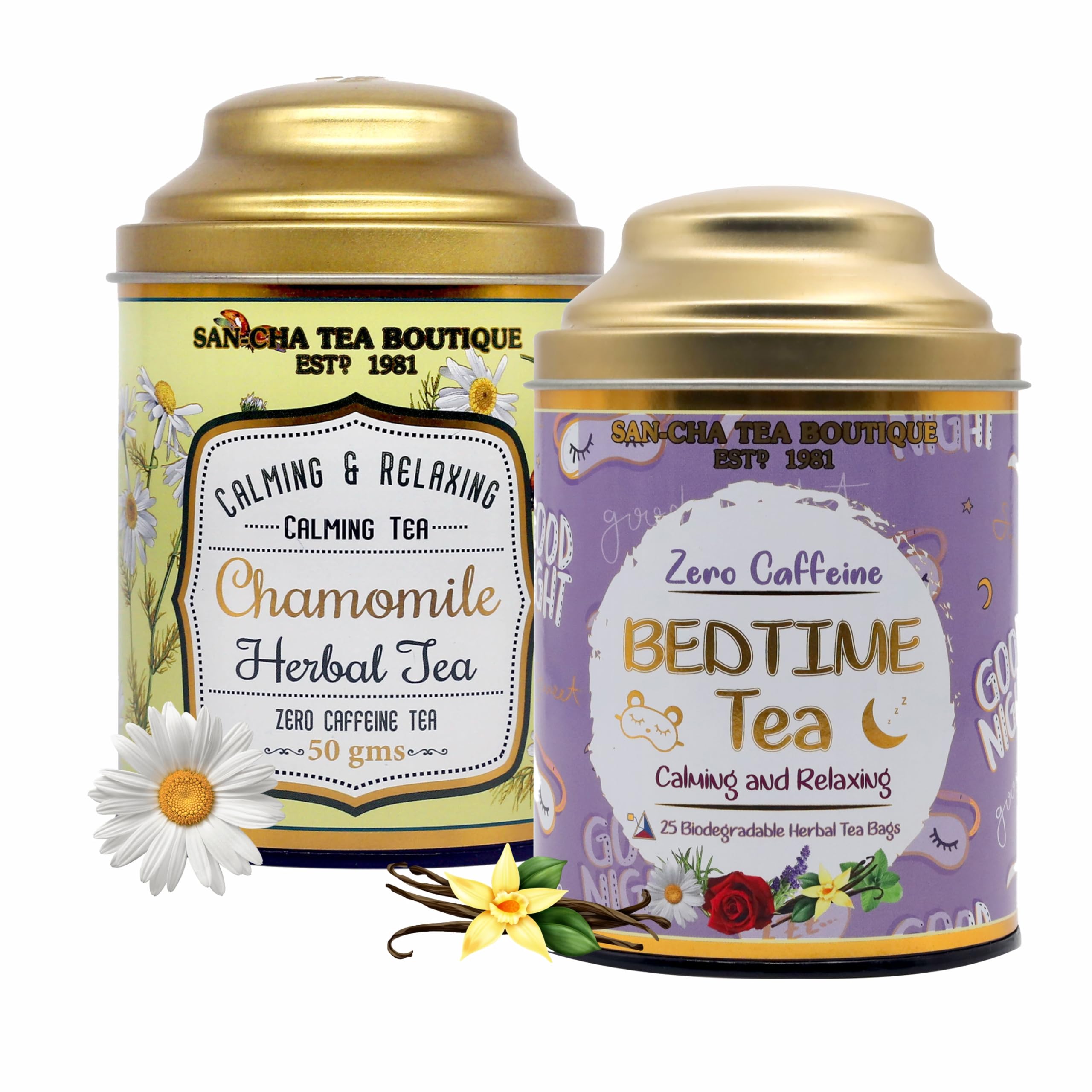Sancha Tea Boutique, Tea Combo Pack: Chamomile Herbal (50g) & Bedtime Tisane (25 Pyramid Bags), Best Sleep, Calming & Relaxing Caffeine Free Herbal Tisanes