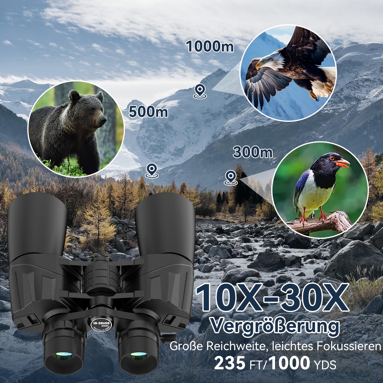 Prismáticos con zoom de alta potencia de 10-30 x 50 para adultos, prismáticos profesionales militares HD con prisma BAK4/lente FMC/visión grande/impermeable/visión nocturna con poca luz para