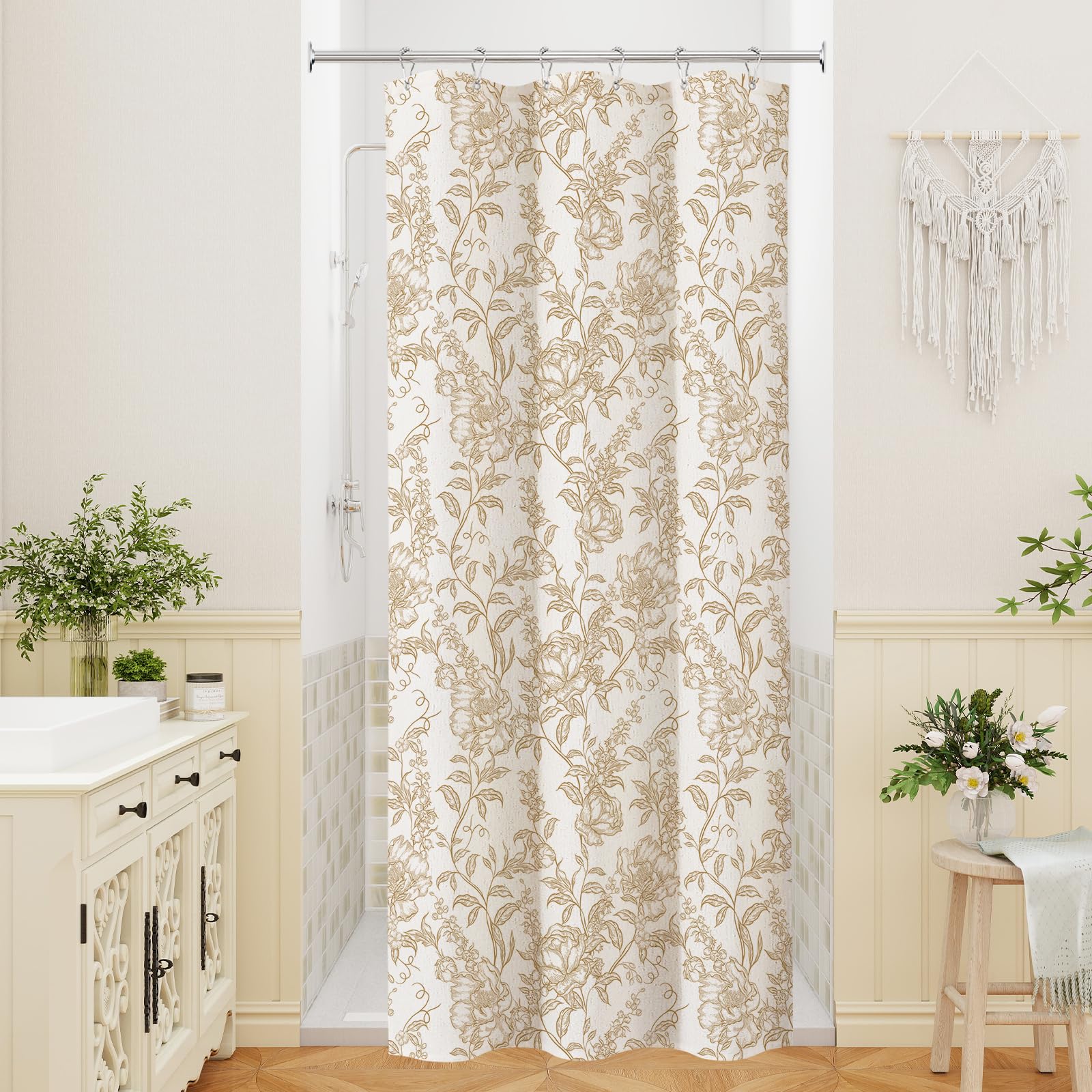 Craidlela Small Stall Farmhouse Floral Shower Curtain, Vintage Botanical Print for Rustic Bathroom Decor, Linen Blend Garden Bathroom Curtain, Boho Brown Shower Curtain 36x72 Inch