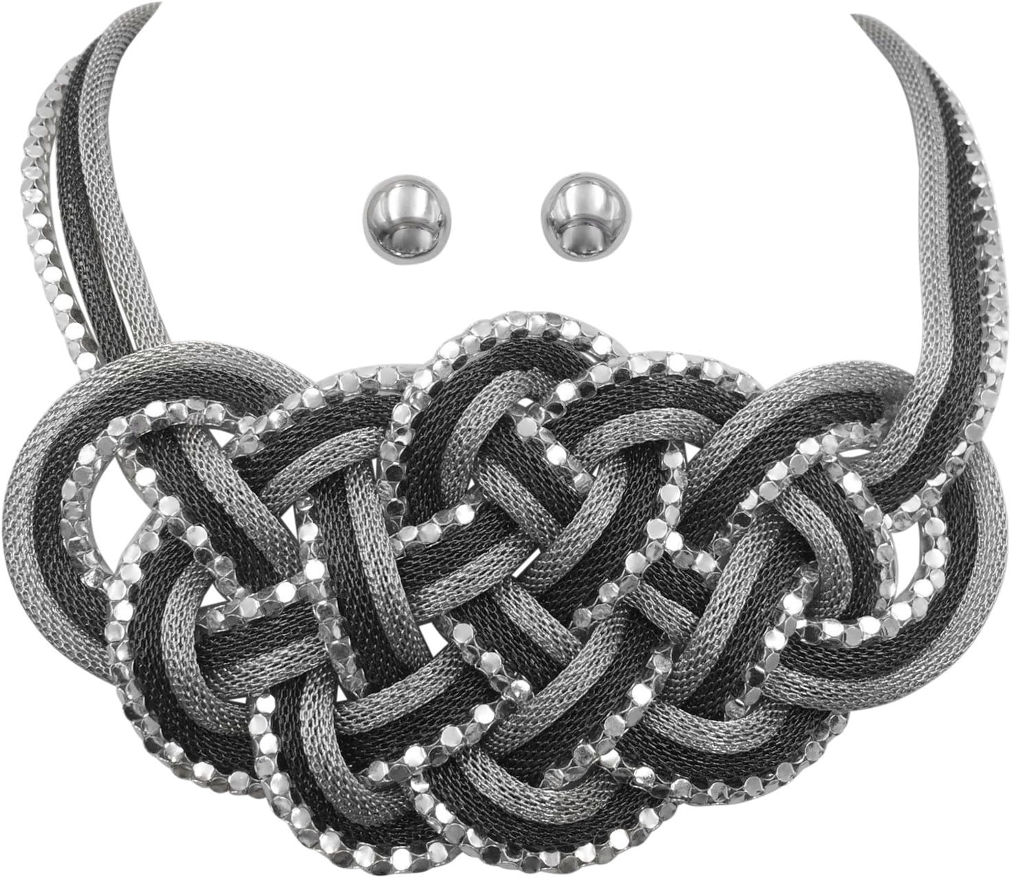Gypsy Jewels Braided Knot Multi Strand Statement Necklace & Post Earrings Set (Silver Tone & Gun Metal)
