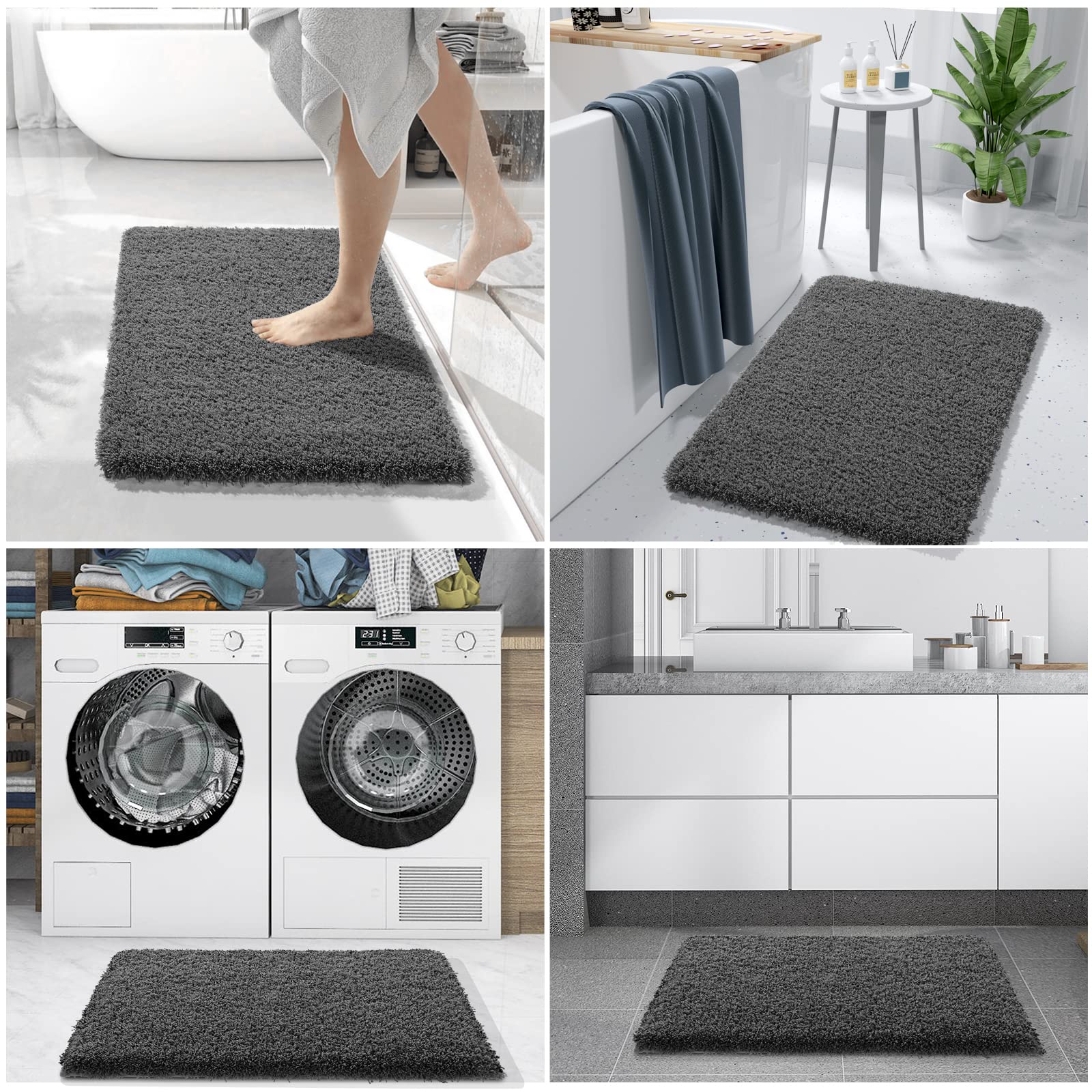 Yimobra Fluffy Plush Bath Rug, Super Shaggy Soft Comfortable Non Slip, Water Absorbent Microfiber Bath Mat, Dries Quickly, Machine Washable Thick Bathroom Rugs for Shower, 60"x 24", Pure Dark Grey