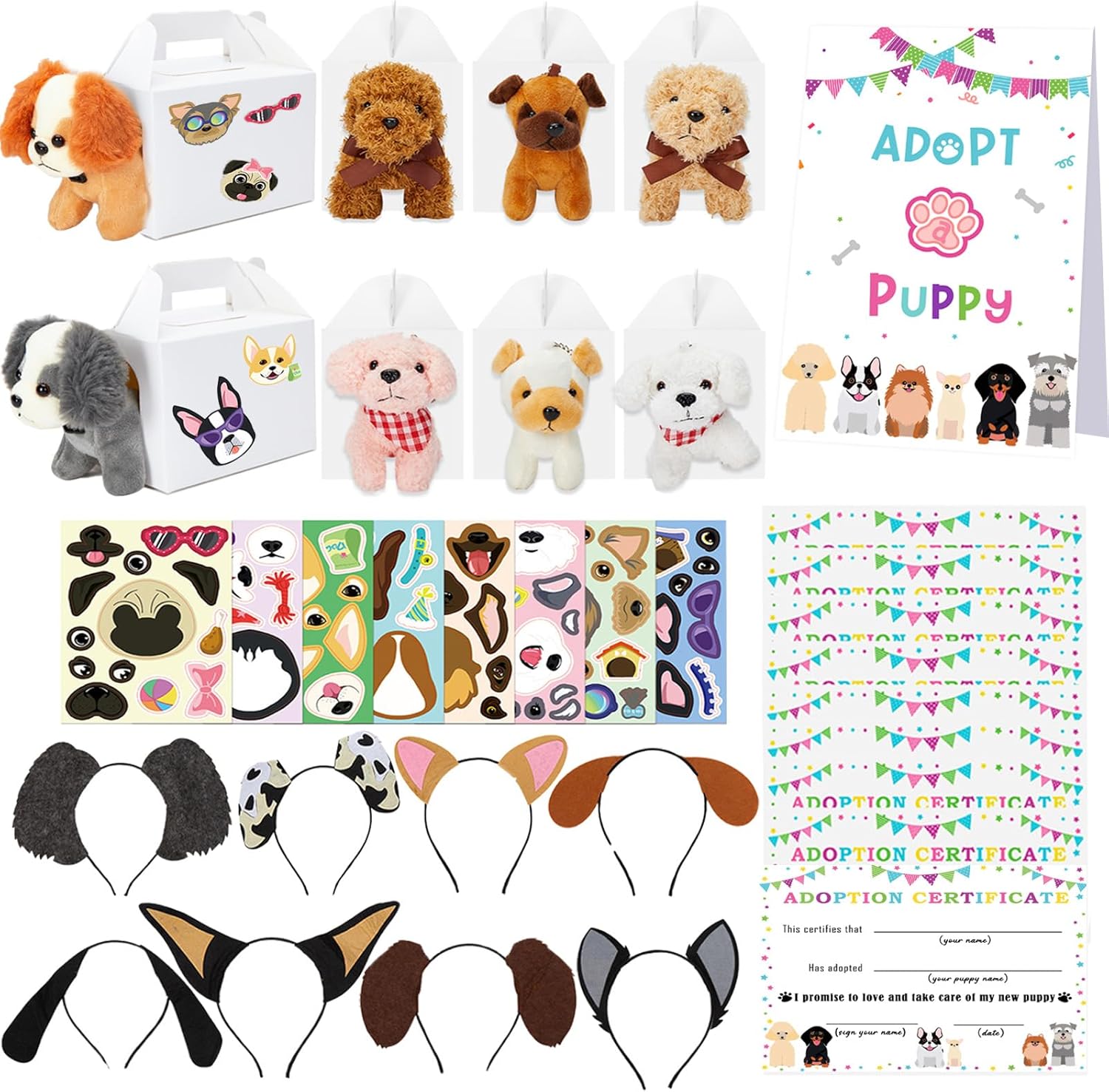 33 Pcs Adopt a Cat Party Favors - 8 Mini Plush Cats, 8 DIY Stickers, 8 Headband, 8 White Paper Boxes, Adopt a Kitty Sign and Certifications for Cat Themed Birthday Party Supplies